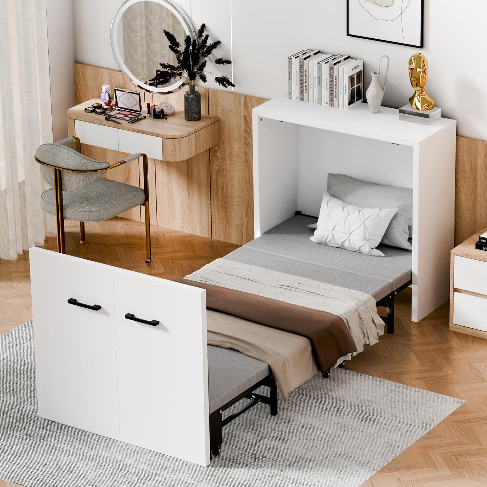 DoCred Murphy Bed Cabinet, Folding Bed Roll Away Beds with Mattresses for Adult, Pull Out Murphy Chest Daybed, Guest Beds for Apartment Study Room Office Nap Cot, Size:75" x 29"