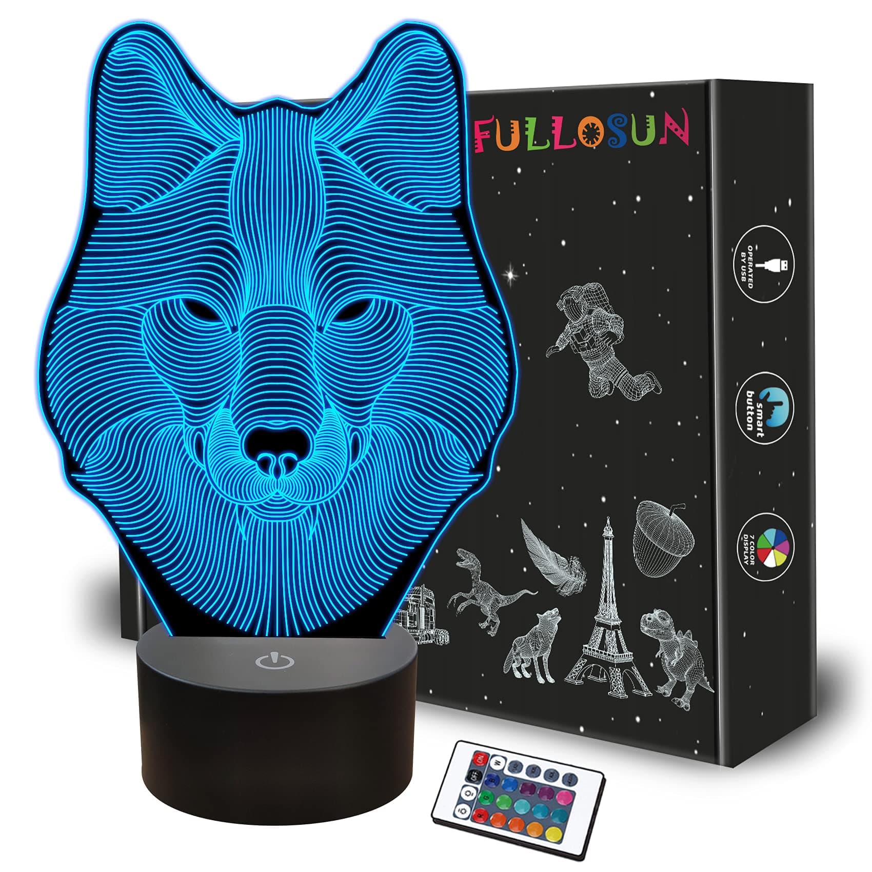 FULLOSUN 3D Wolf Night Light, Optical Illusion Lamp for Home Decor & Co-Sleeping,Remote Controller with 16 Color Changing Birthday Gifts for Kids, Boys & Men