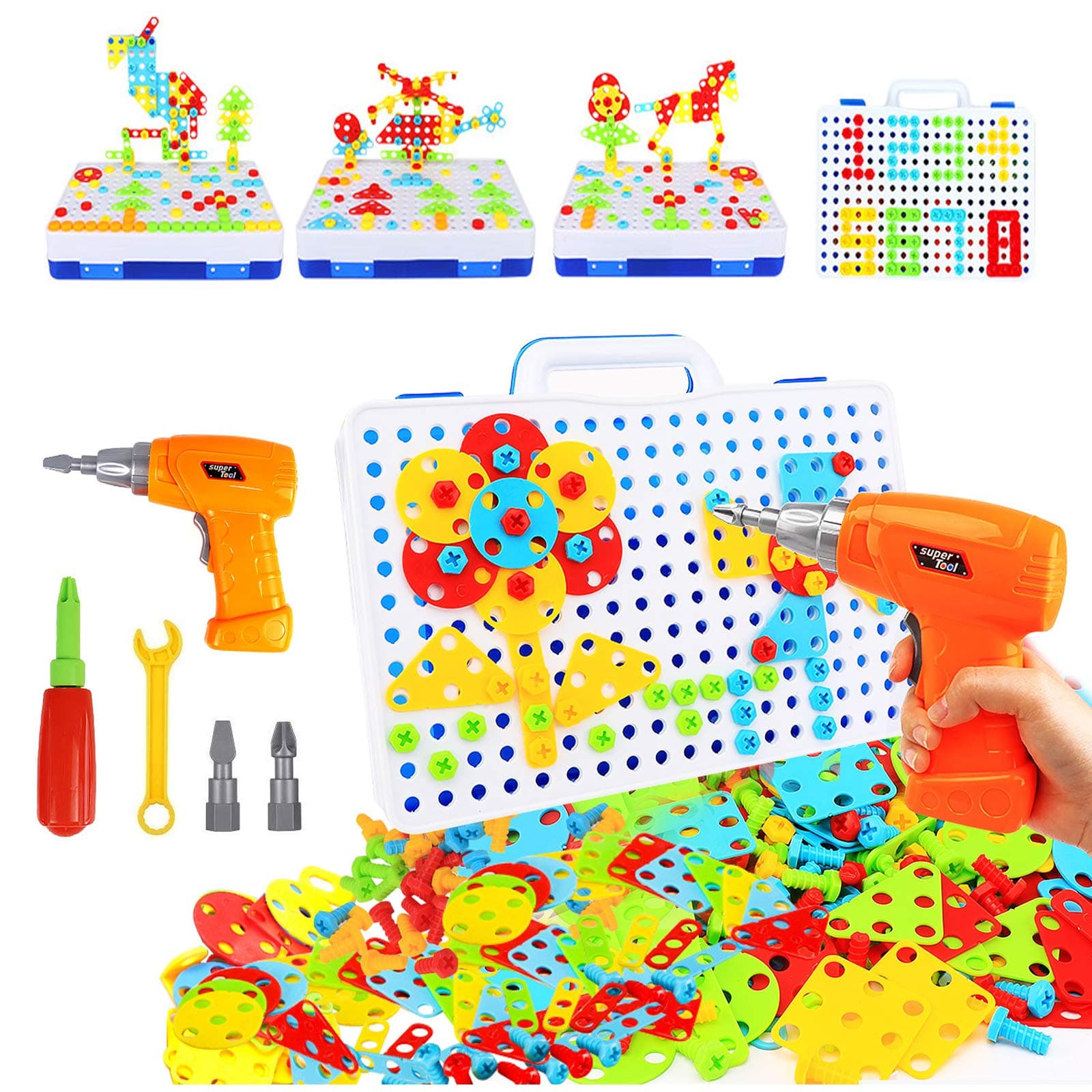 HAPTIME 237 Pieces Creative Electric Drill Screw Puzzle Learning Toy 3D Building Blocks DIY STEM Educational Construction Set for Children Kids