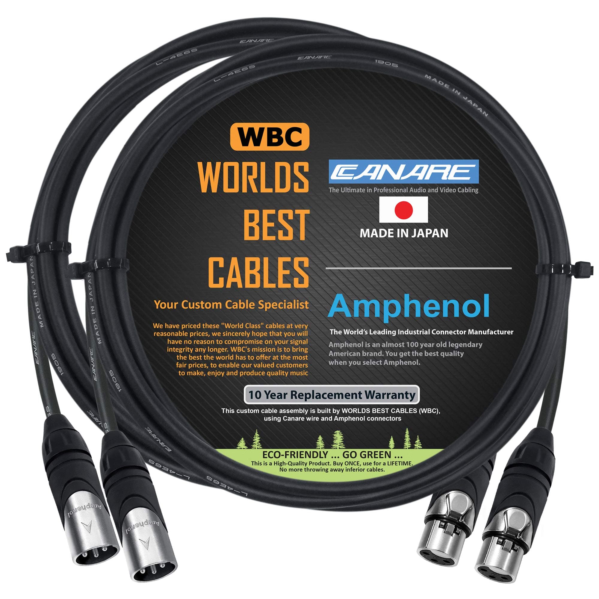 WORLDS BEST CABLES 2 Units - 4 Foot - Canare L-4E6S, Star Quad Balanced Male to Female Microphone Cables with Amphenol AX3M & AX3F Silver XLR Connectors - Custom Made