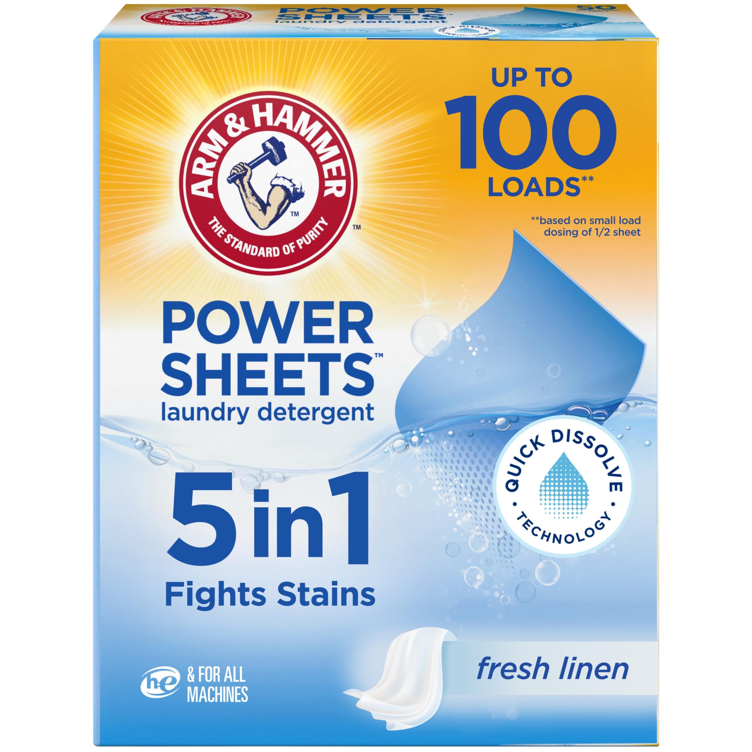 Power Sheets Laundry Detergent, Fresh Linen 50ct, up to 100 Small Loads (Packaging may vary)