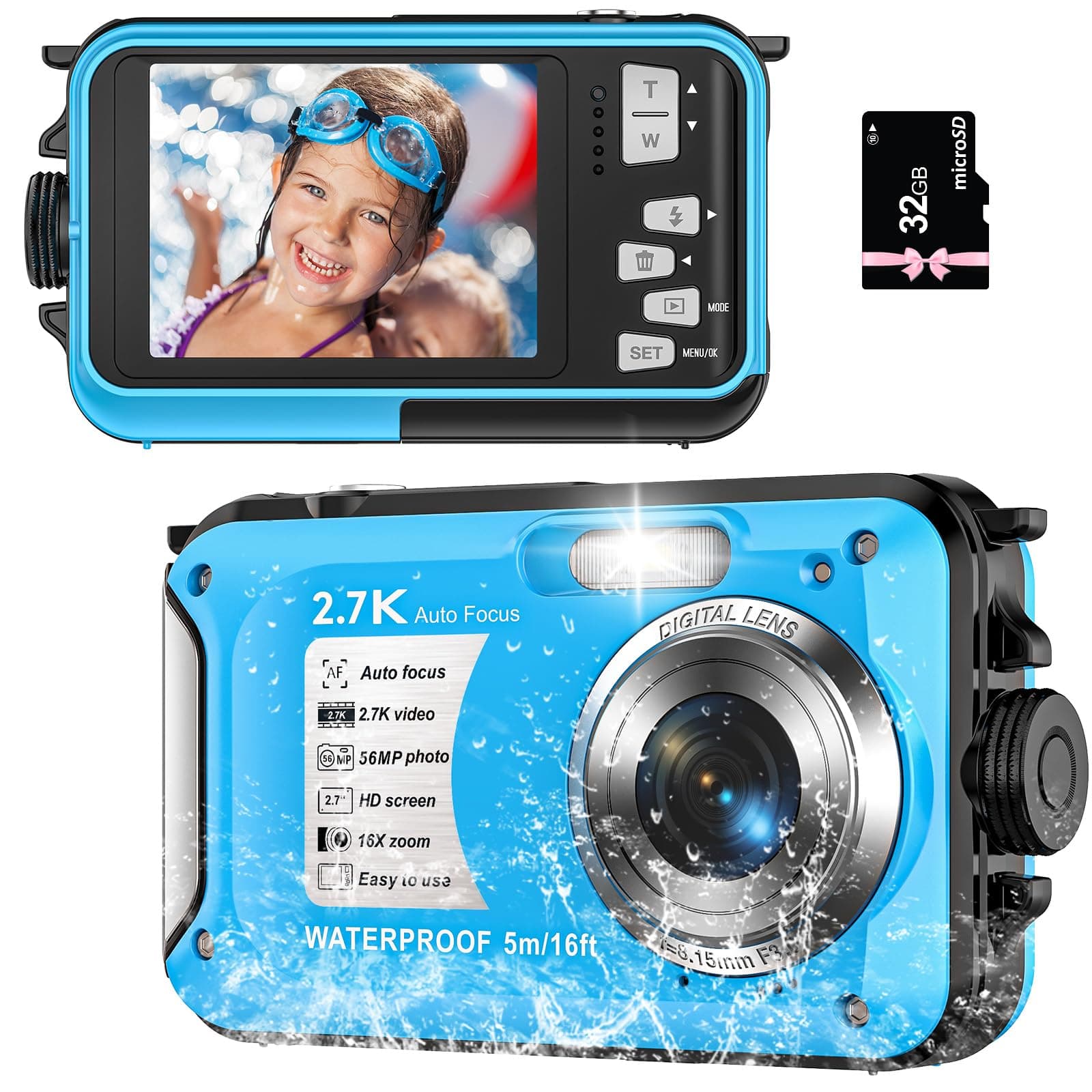 Underwater Camera 2.7K 56MP Waterproof Camera Autofocus with 32GB Card, 16FT Waterproof Digital Camera with 2.7" Screen for Kids, 16X Fill Light Portable Compact Digital Camera for Snorkeling,Blue