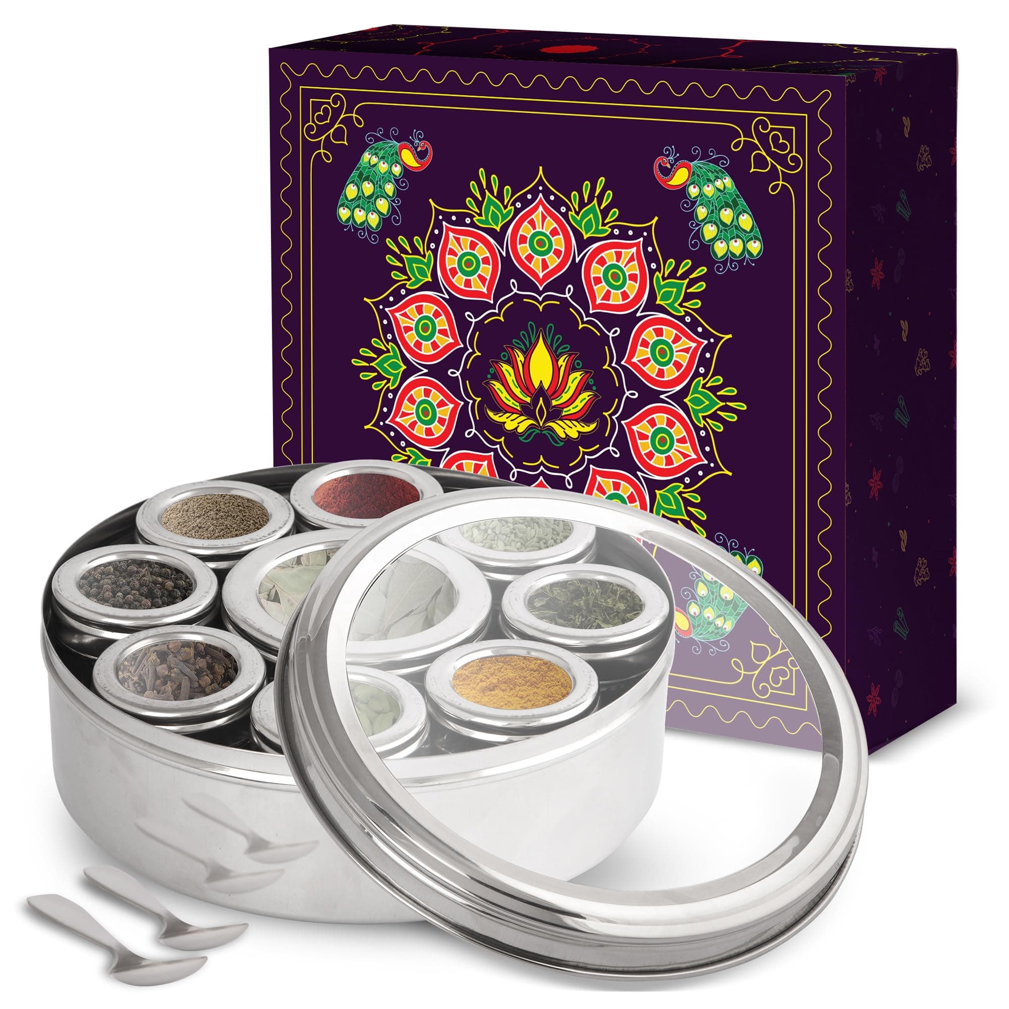 KSJONE Large Spice Container Masala Dabba With 9 Compartments, Masala Box, Spice Container Box, Stainless Steel Spice Box Indian Masala Dabba with Transparent Lid