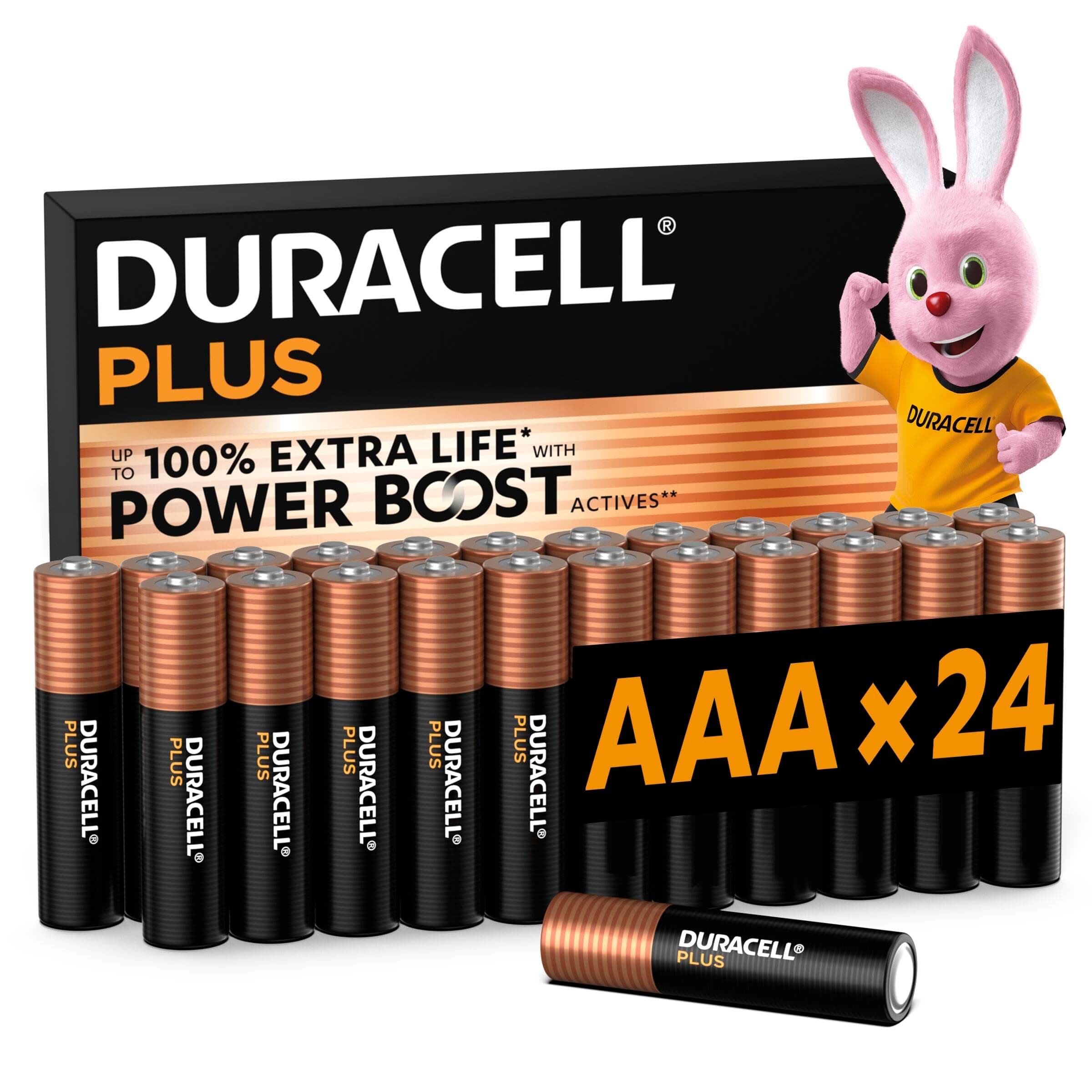 DURACELL Plus AAA Batteries (24 Pack) – Alkaline Batteries 1.5V – Up to 100% Extra Life with POWER BOOST Actives– Reliability For Everyday Devices – 0% Plastic Packaging – 10-Year Storage-MN2400