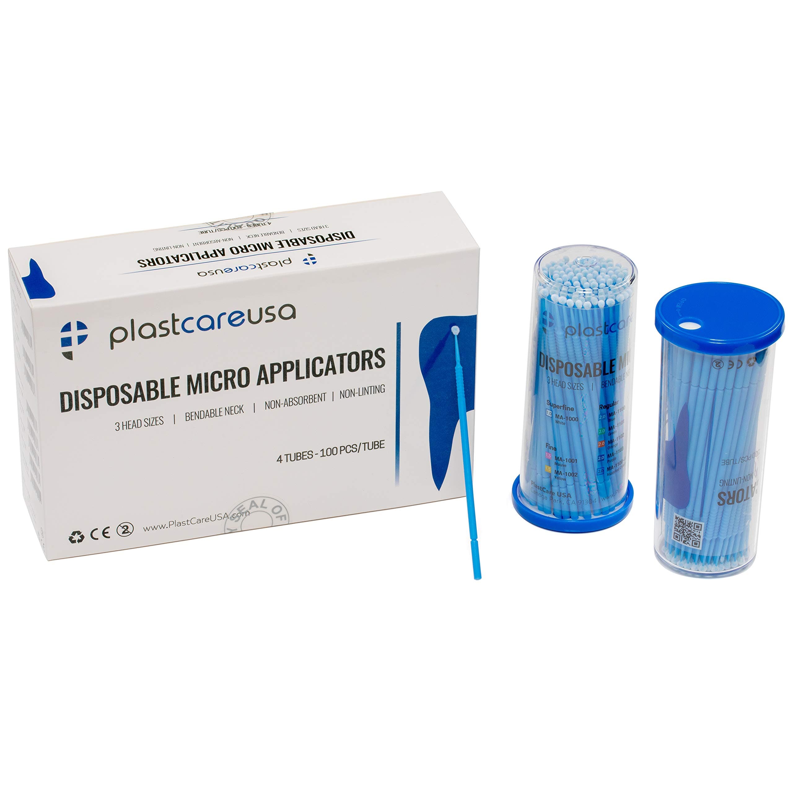 400 Regular Tip Micro Applicator Brushes - Disposable Dental Microbrushes with Bendable Tip - Microswabs for Eyelash Extensions - Microbrush Applicator Sticks with Cotton Tip (Blue, 4 Tubes of 100)