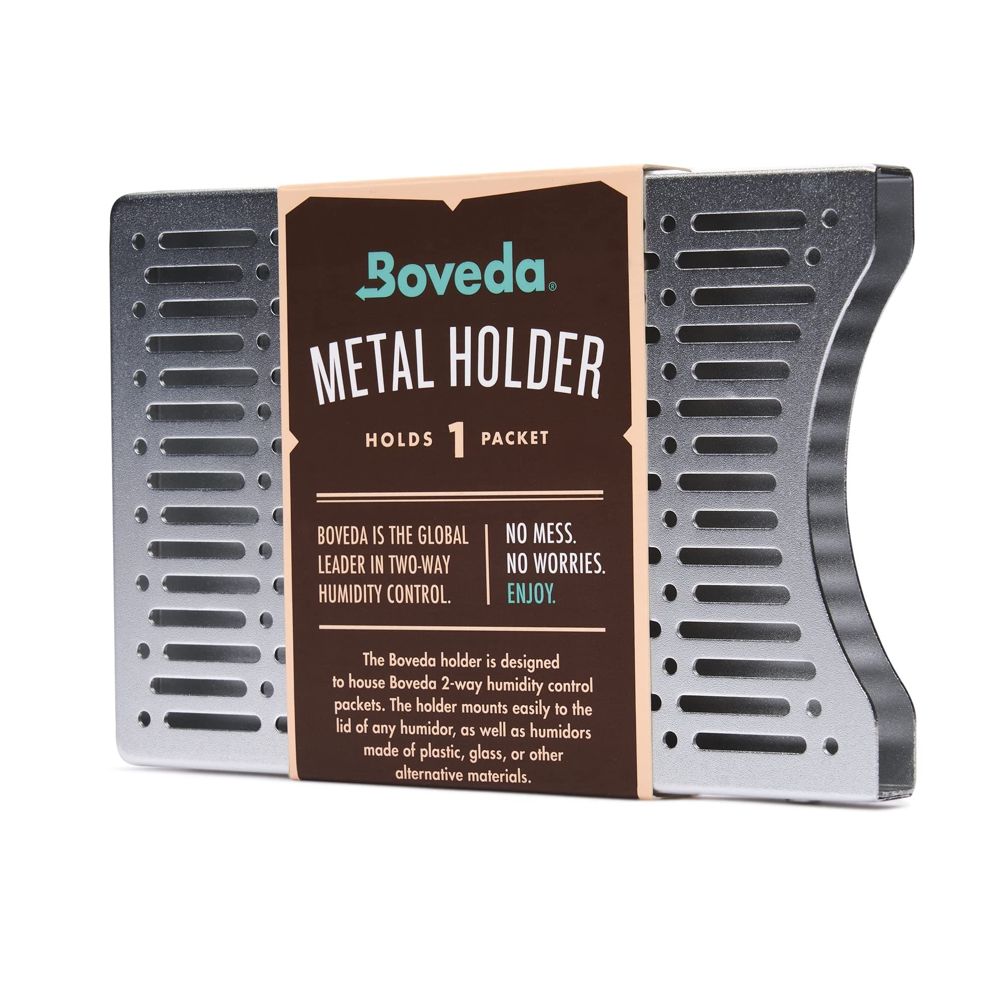 Brushed Aluminum Humidity Pack Holder – For Use With One Size 60 Boveda Pack (Sold Separately) - Space Saving - Includes Magnetic and Removable Tape Mounting Kits – 1 Count