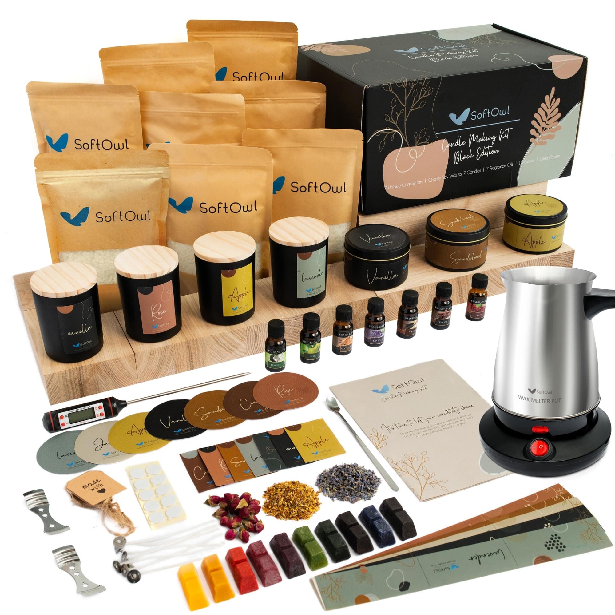 SoftOwl Premium Soy Candle Making Kit - Black Edition - Full Set with Electric Melter - Soy Wax, Big 7oz Jars & Tins, 7 Pleasant Scents, 10 Color Dyes & More - Perfect as Home Decorations