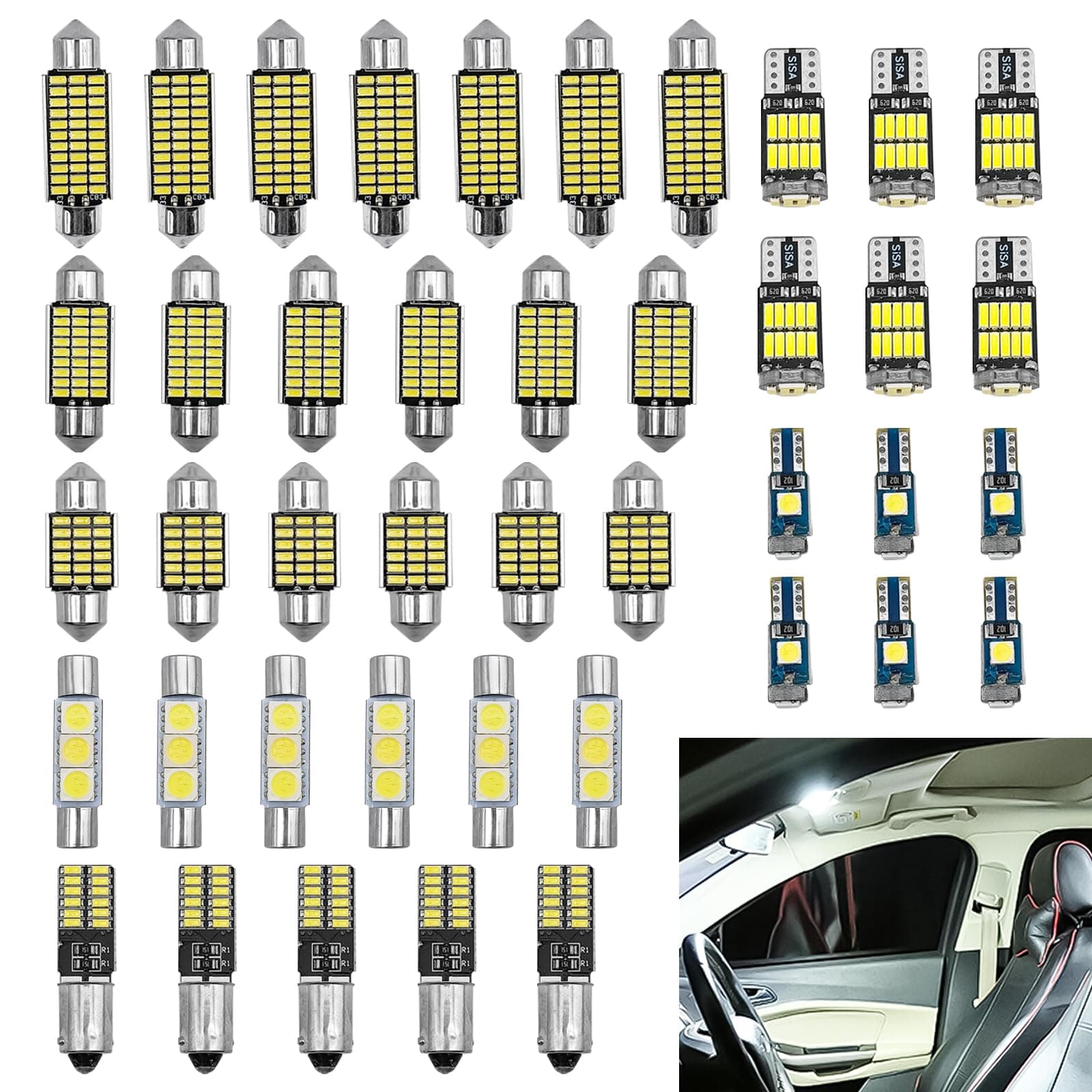 42 PCS Interior Car LED Dome Light Kit, Trunk Door Courtesy License Plate Light, white Super Bright White Dome Map Tail Cab Lights Bulb Kit Set, Car Dome Map Dash Door Trunk Indicator Light