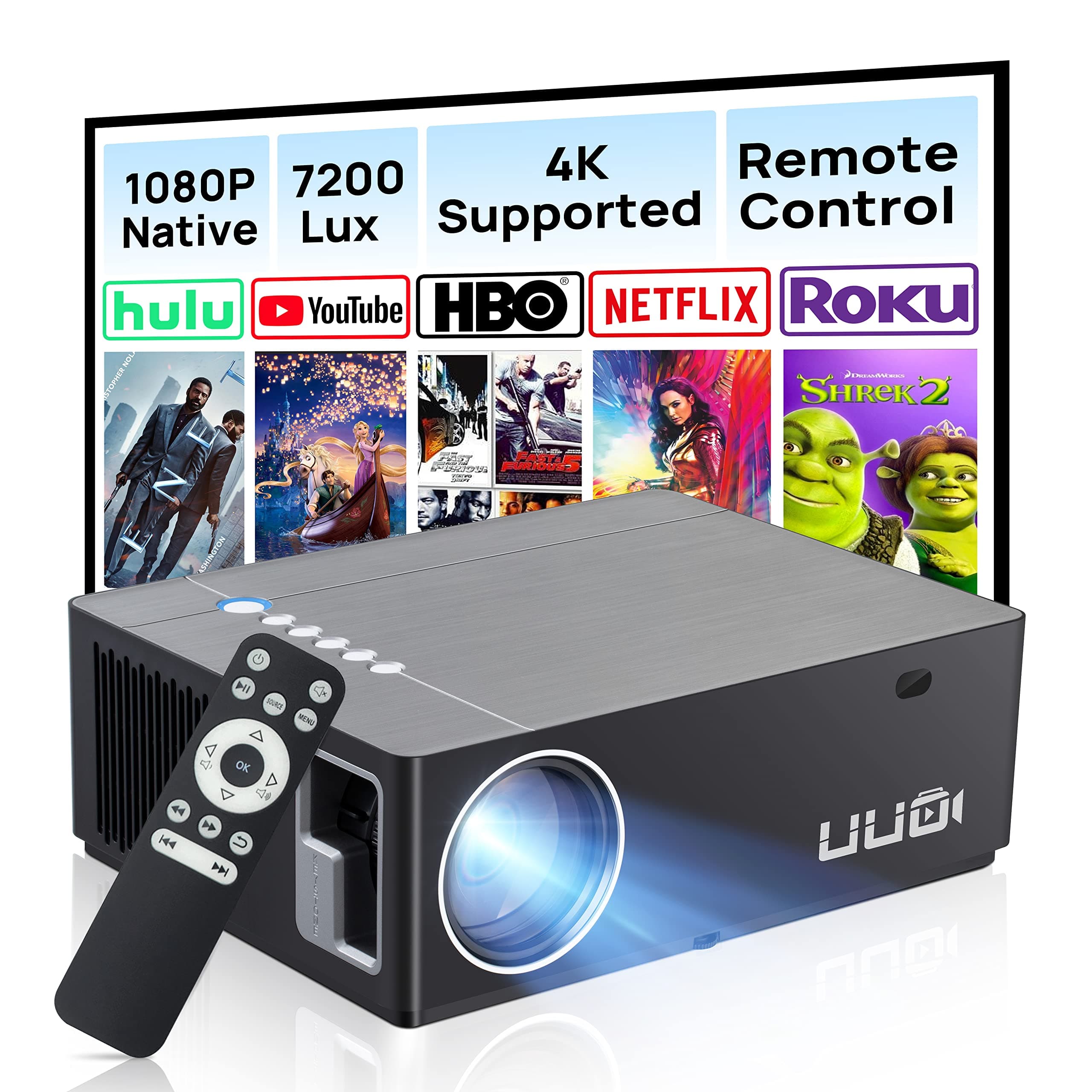Native 1080P Projector 6000 Lux Led Projector,Support 4K HD Video 300 inches, Digital Keystone,Compatible with TV Stick,PS4,X-Box,Laptop,iPhone Android for Home Theater (Brushed Silver)