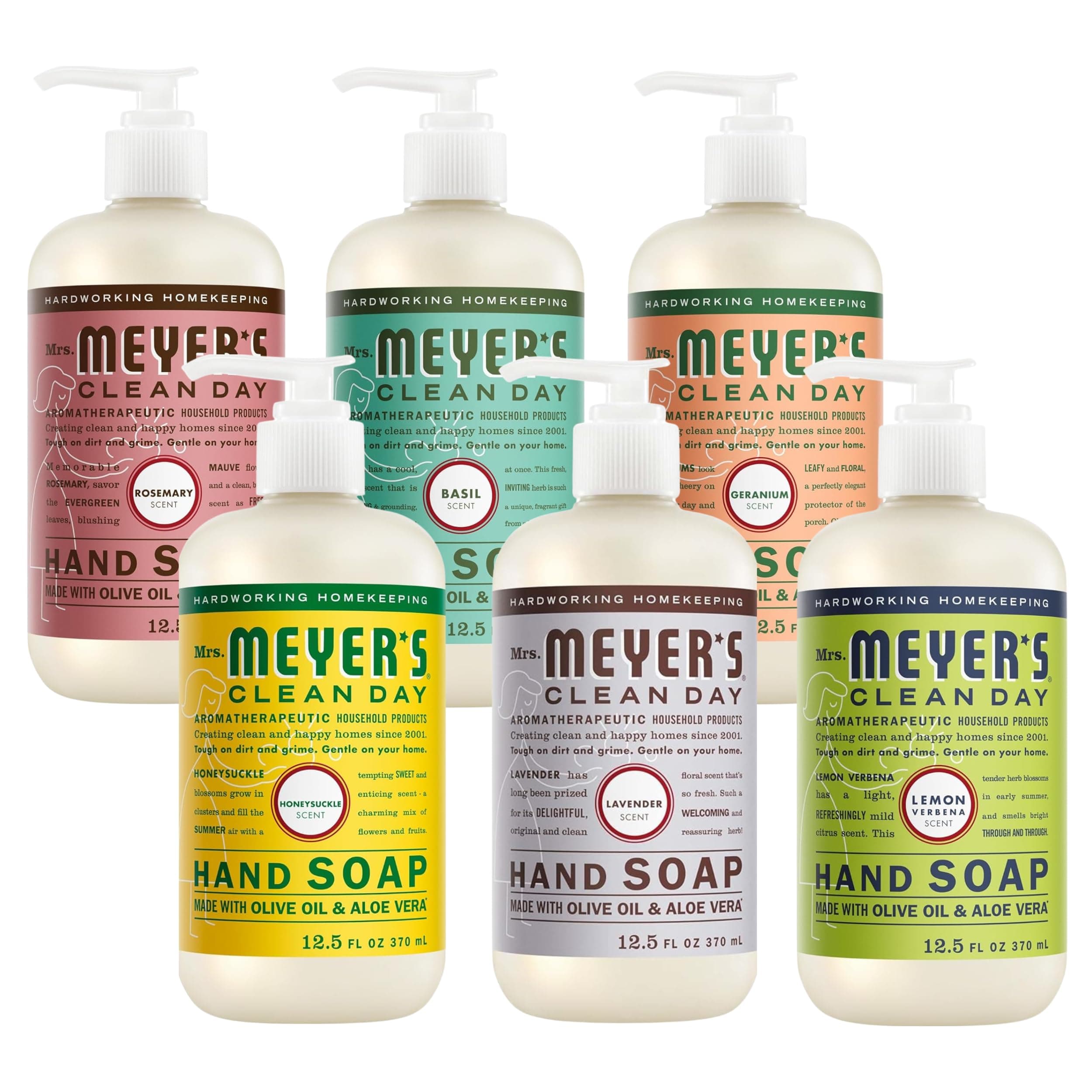 MRS. MEYER'S CLEAN DAY Hand Soap Scent Variety Pack Includes 1 of Each, Rosemary + Basil + Geranium + Honeysuckle + Lavender + Lemon Verbena, (Count of 6)