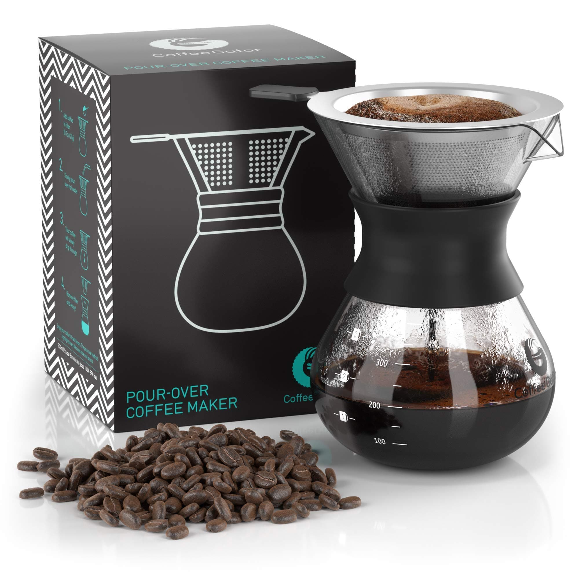Coffee Gator Pour Over Coffee Maker - 10.5 oz/300 ml, High Heat Borosilicate Glass Carafe with Reusable Stainless Steel Filter, Drip Coffee Brewer Set, Clear