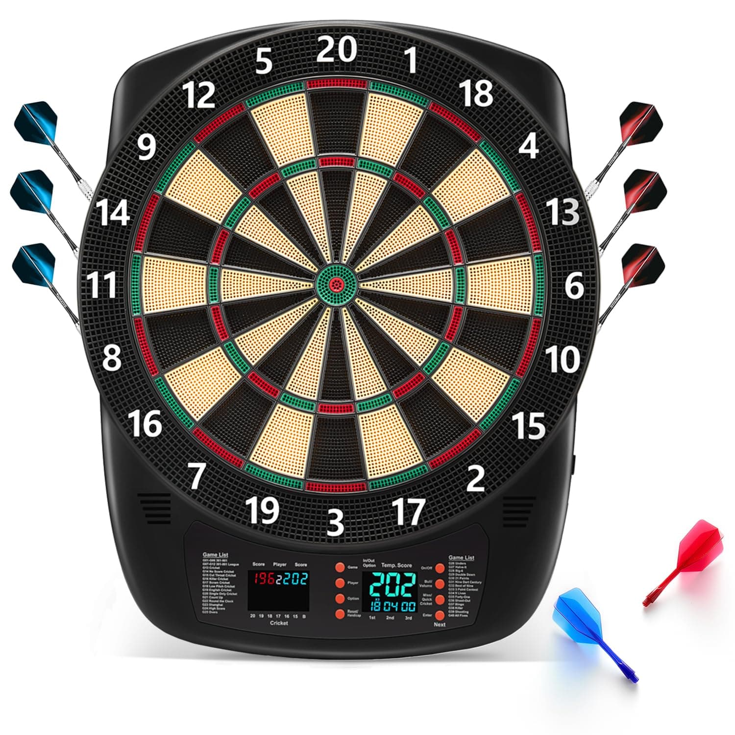 Electronic Dartboard Set with Colorful LED Displays, Soft Tip Cricket Dart Board AC & Batteries - Including 6 Darts, 130 Tips,6 Integrated Dart Tail, 2.5m Extended Power Adapter