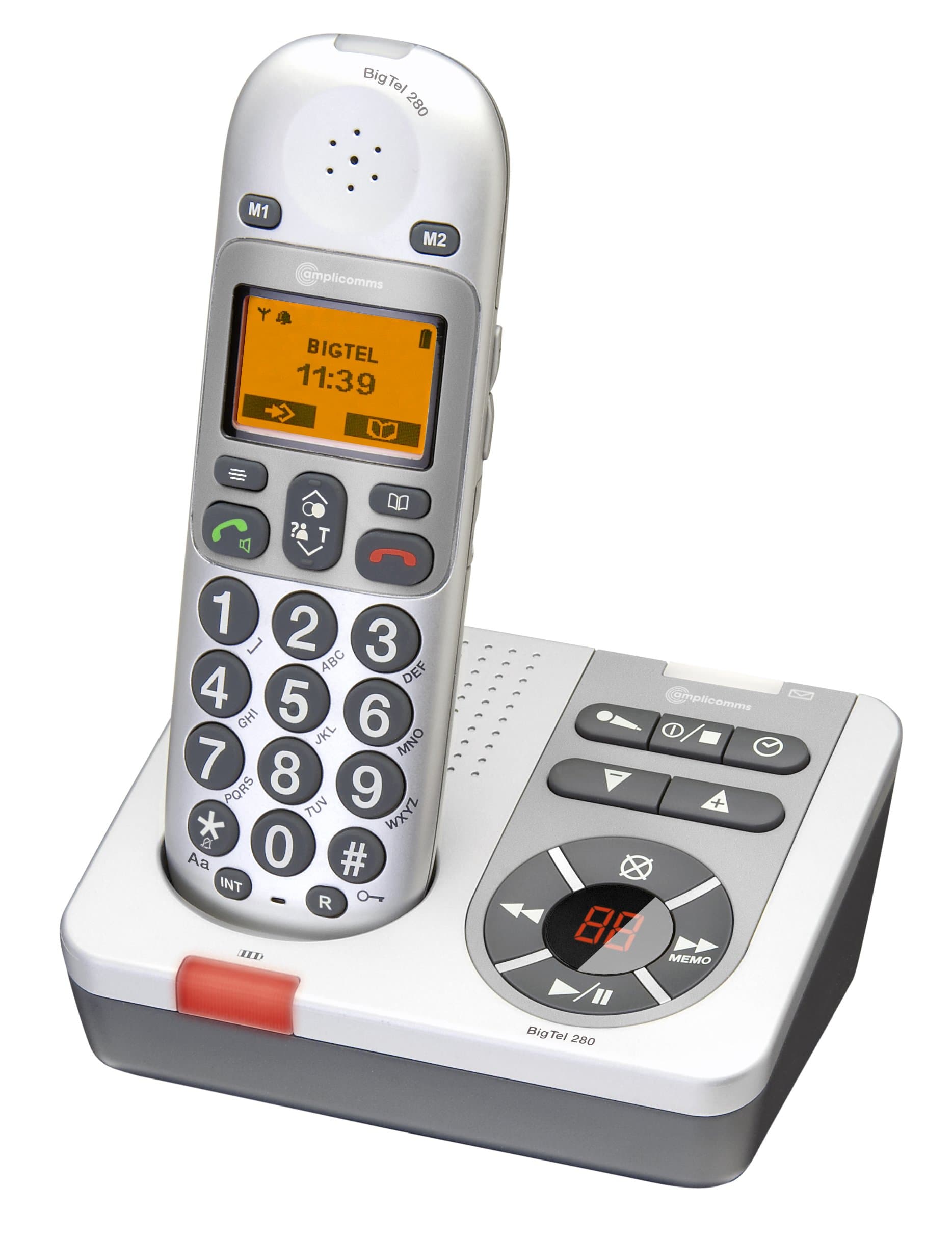 Amplicomms BigTel 280 Big Button Amplified Cordless Single DECT Telephone with Answering Machine - Silver