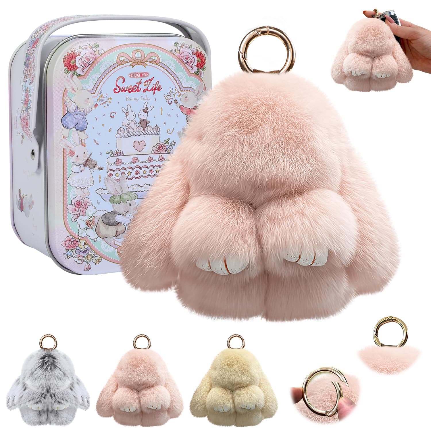 Bunny Keychain, Bunny Keychain with Tin,Bunny Handmade Soft Bunny Keychain for Christmas Gifts, Bags and Keys