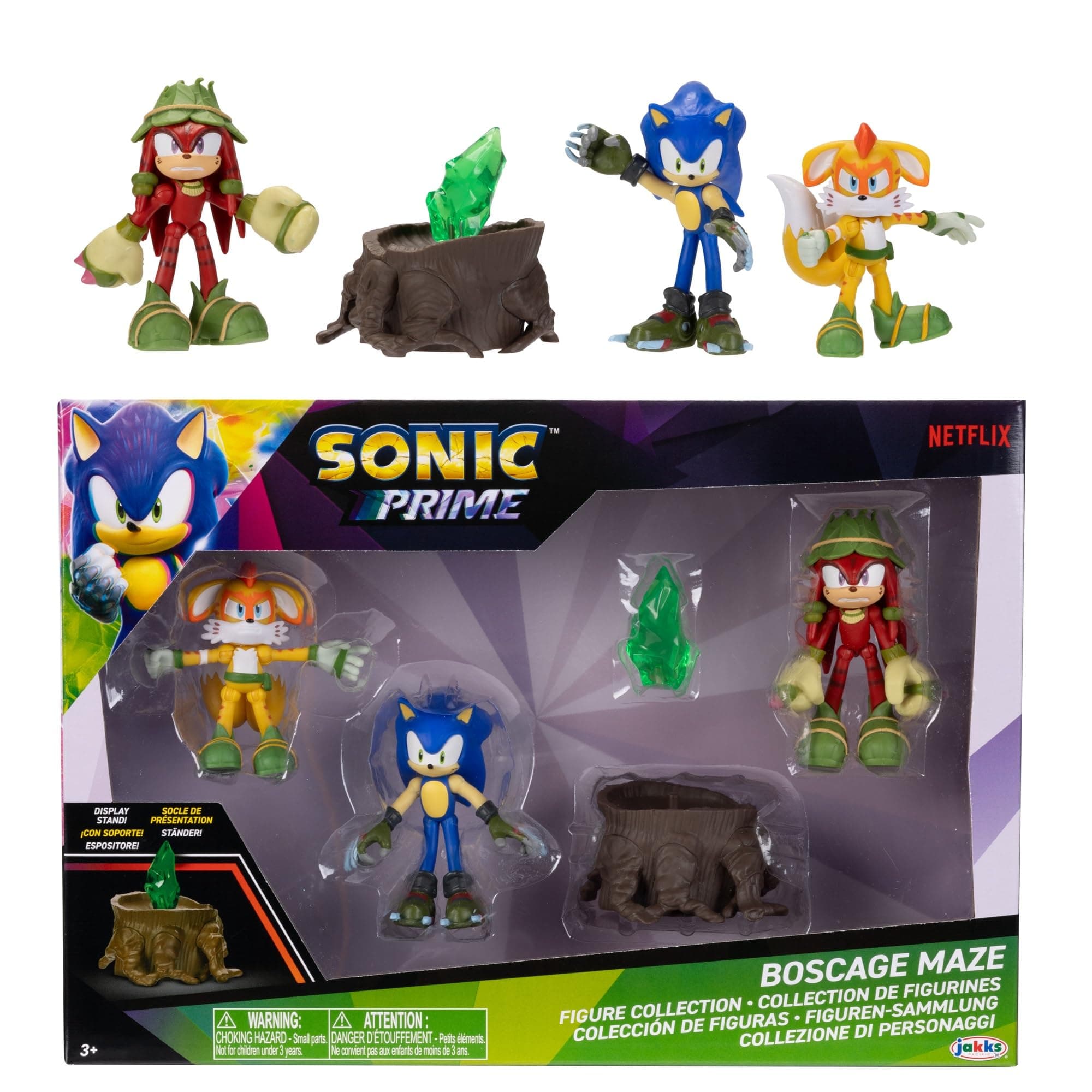 Sonic Prime 6.3 cm Action Figures Bos Cage Maze Themed 5 Pieces Sonic, Gnarly Knuckles, Mangey Tails, Tree Stump and Green Shard Ages 3+ (Officially Licensed by Sega and Netflix)