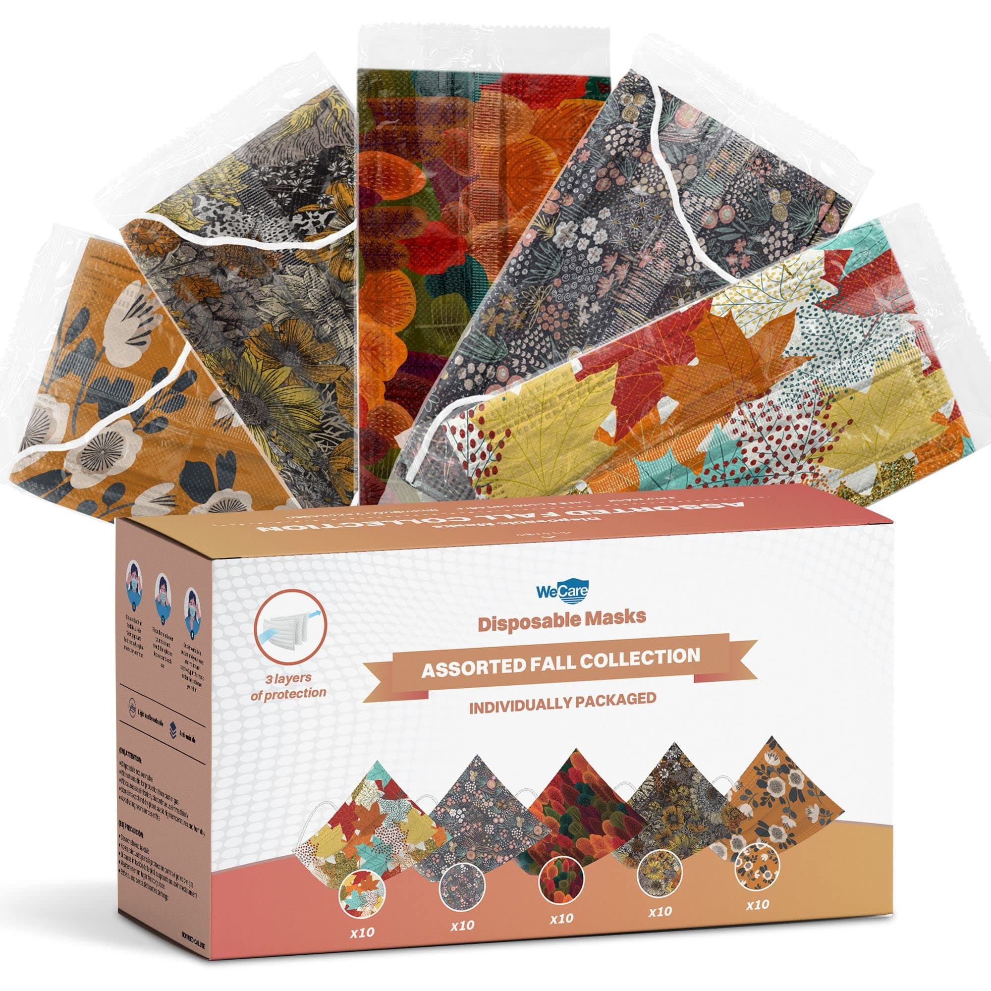 WECARE使い捨てフェイスマスク 個別包装 - 50枚パック 秋用プリントマスク - 3層