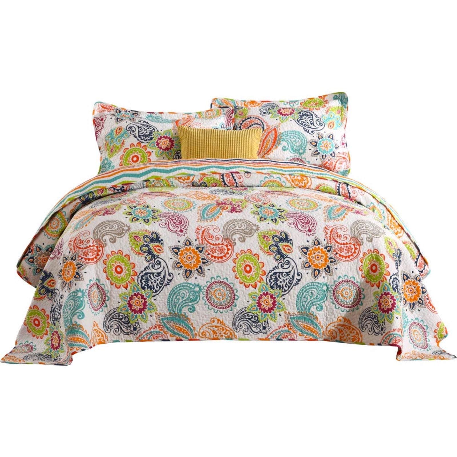 Aeiniwer LitPrin Bedspread Coverlet Set 100% Cotton Comforter Oversized 3-Piece Quilt Set Bed Cover, Suitable for All Seasons(Full/Queen, Green Leaves) (Colorful Paisley)