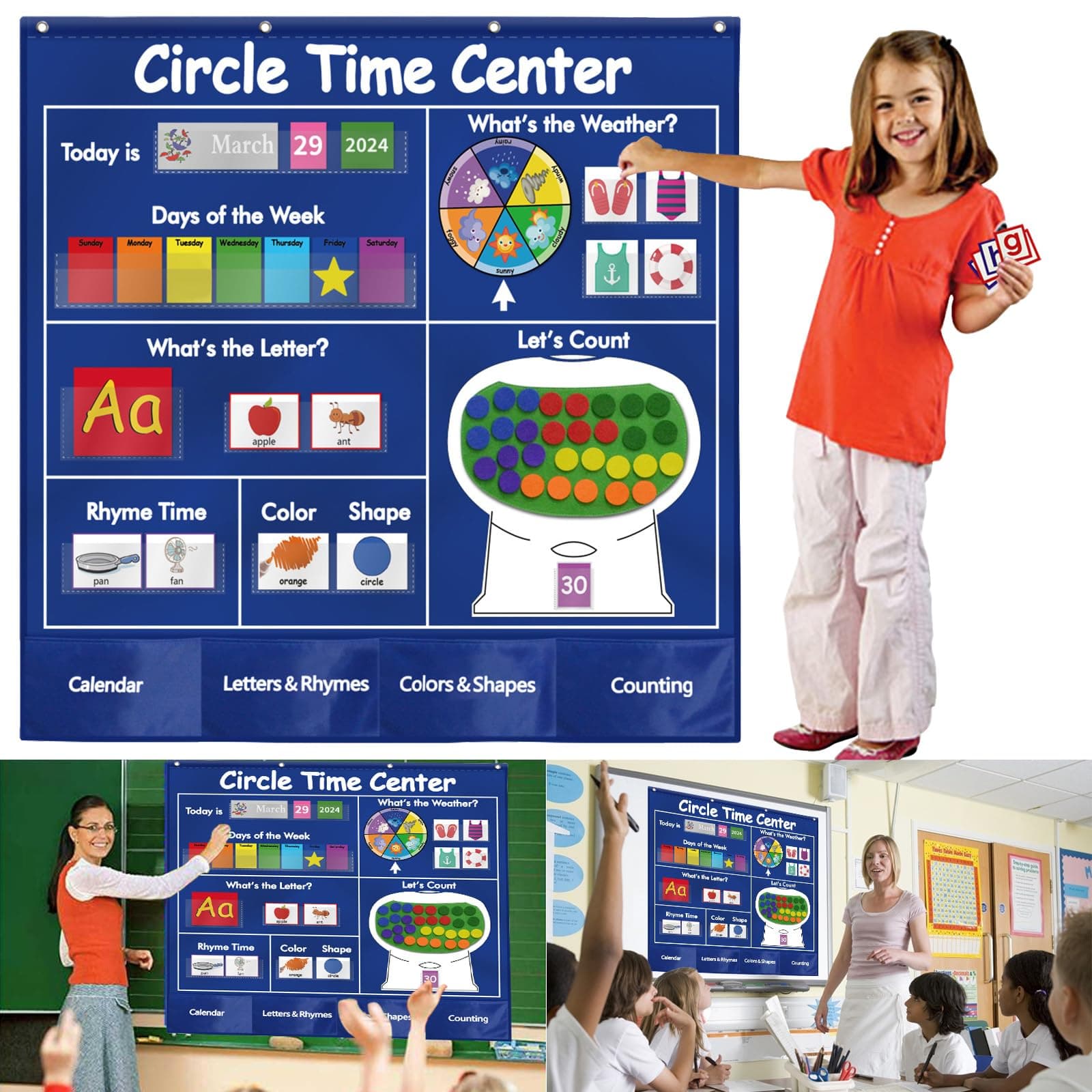 KIKIGOAL Circle Time Center Classroom Pocket Chart Educational Pocket Chart Teaching Materials Learning Calendar Weather Counting Letter Color Shape