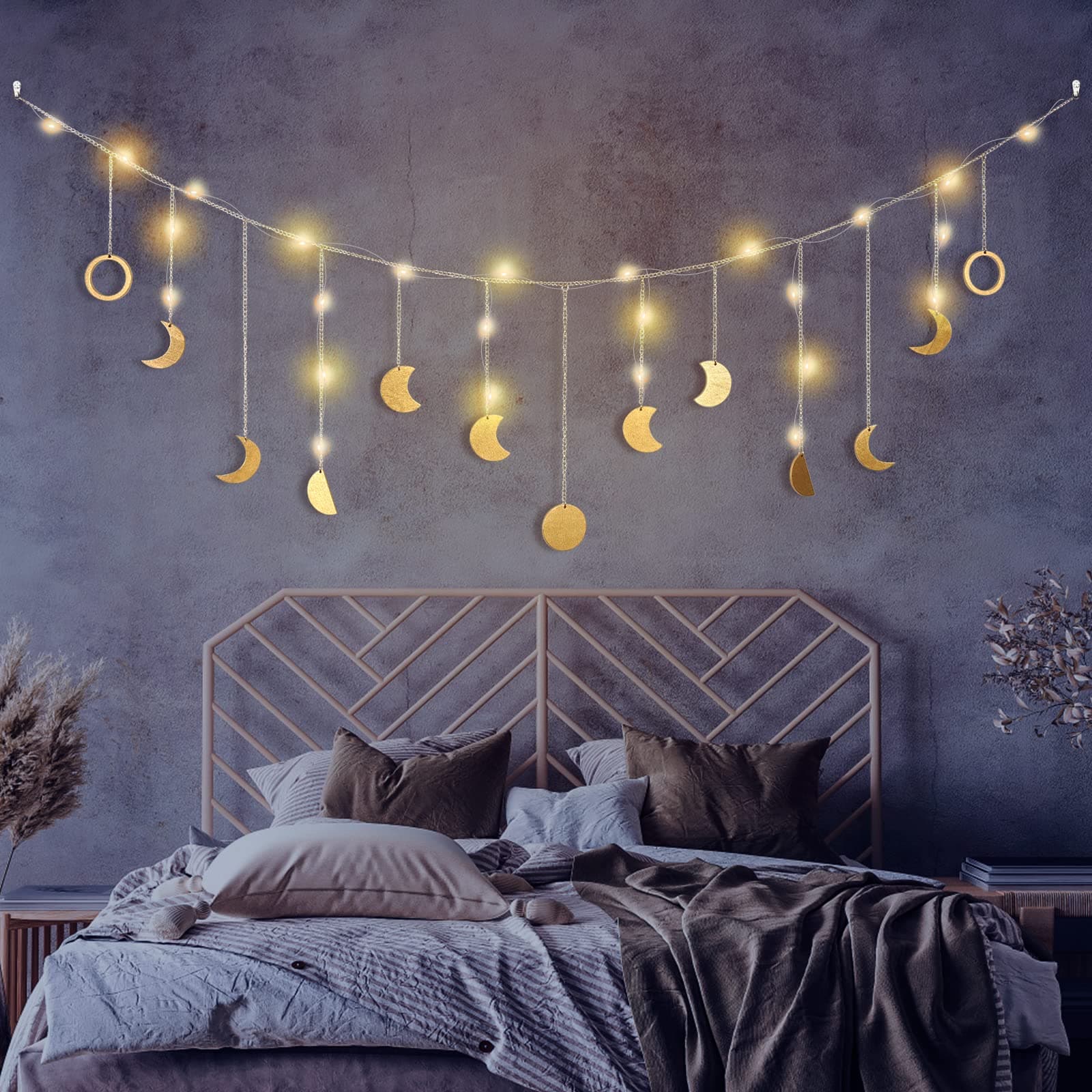 Moon Phase Wall Decor with LED String Light, 13 Gold Wood Boho Wall Hanging Decor Mood Garland 56'' - Celestial Phases Moon Decoration in Bohemian Style for Bedroom Living Room Valentine's Day Gifts