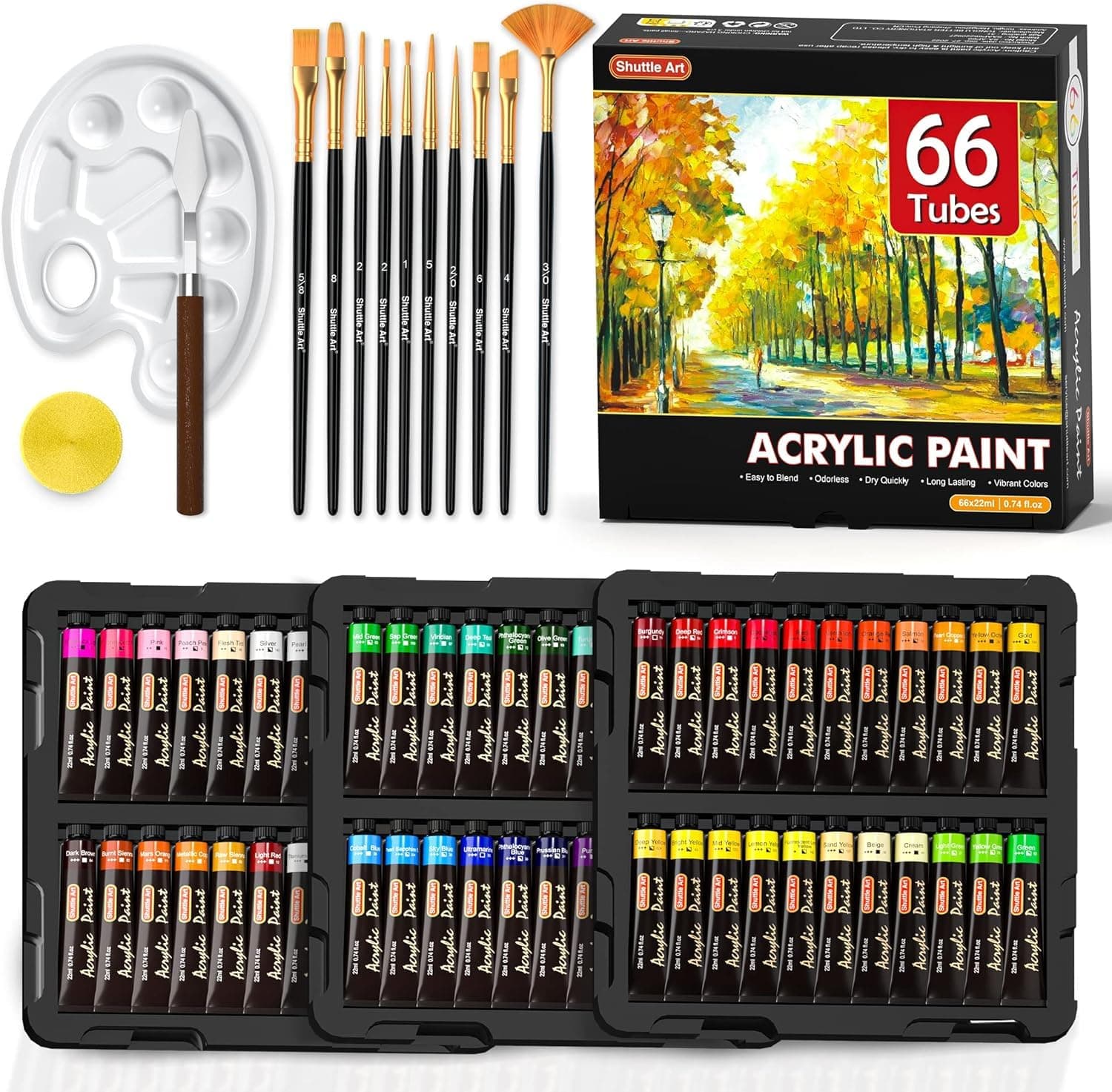 – 82 Pack Acrylic Paints Set, 66 Colours (22ml/0.74oz Each) Acrylic Paint with 10 Brushes,Canvas, Knife, Palette, Art Set for Adults,Beginners, Painting Set on Canvas, Wood Ceramic
