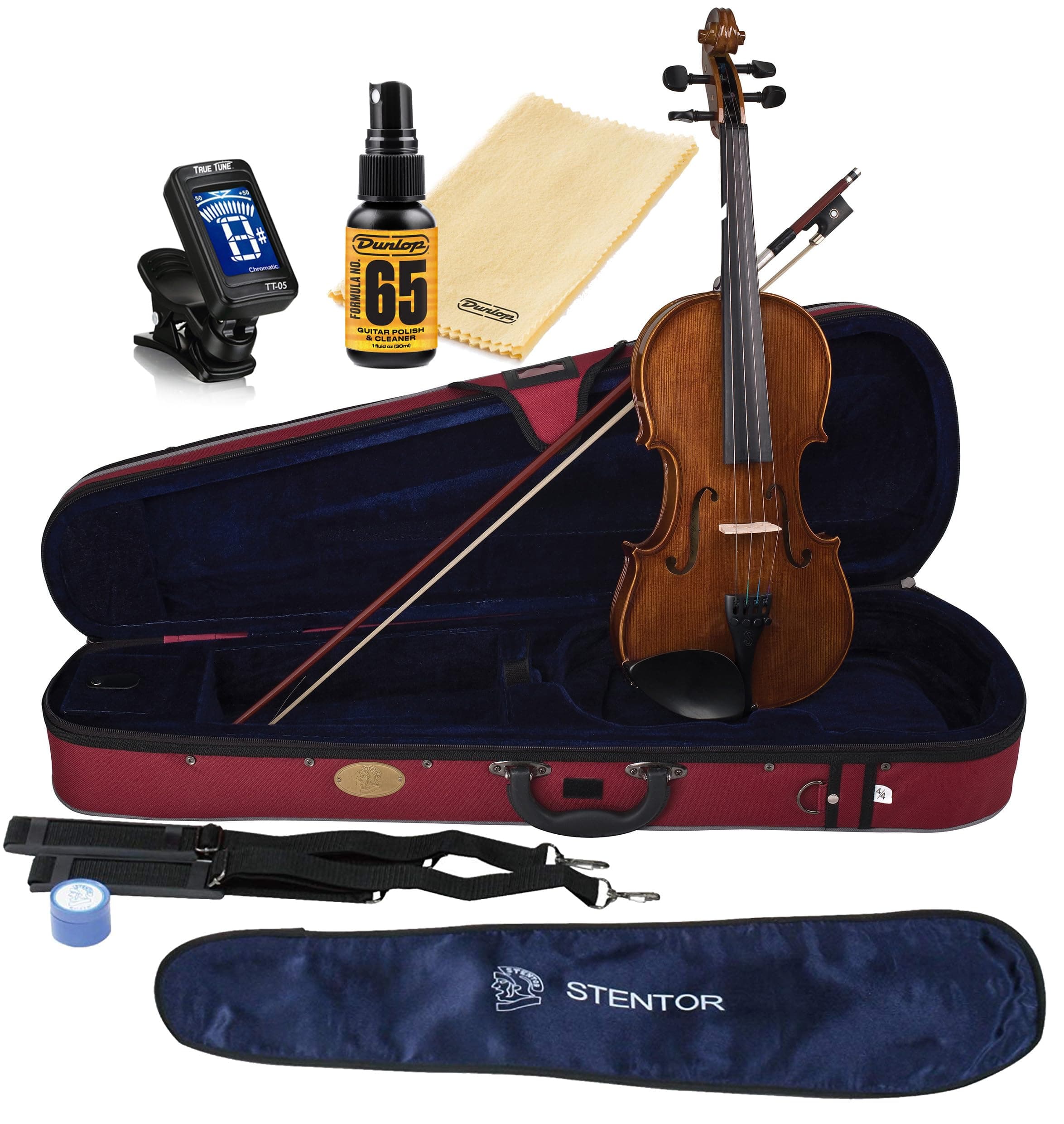 Stentor 1500-4/4 Violin Student II Hand Crafted Solid Tonewood Instrument with True Tune Chromatic Tuner, Polish and Polishing Cloth (4/4)