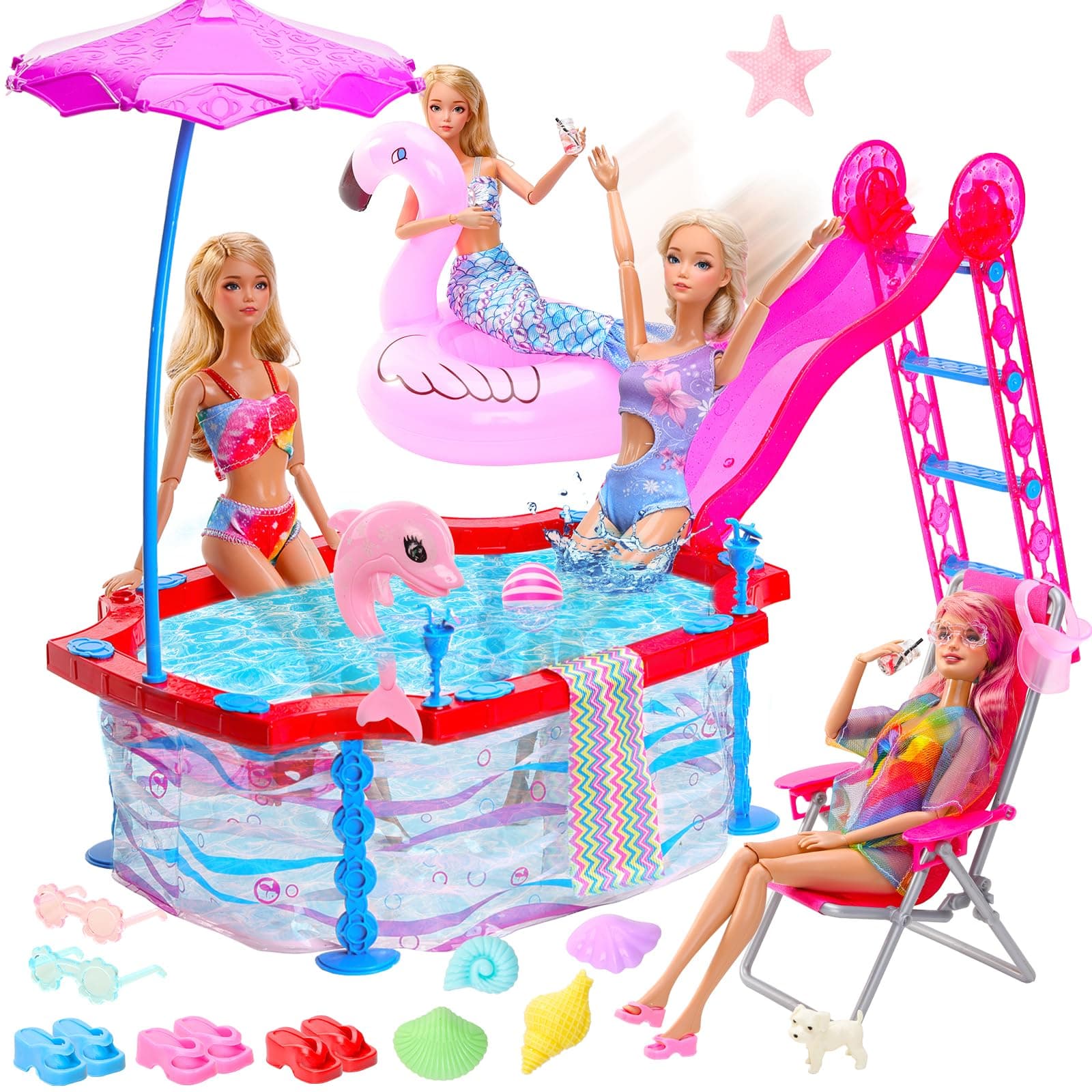 Miunana 23 Doll Swimming Pool Play Set with 19 Pool Accessories Beach Chairs Swimming Ring and 4 Sets Swimsuit Doll Clothes Mermaid Swimwear for 11.5 Inch/30cm Dolls