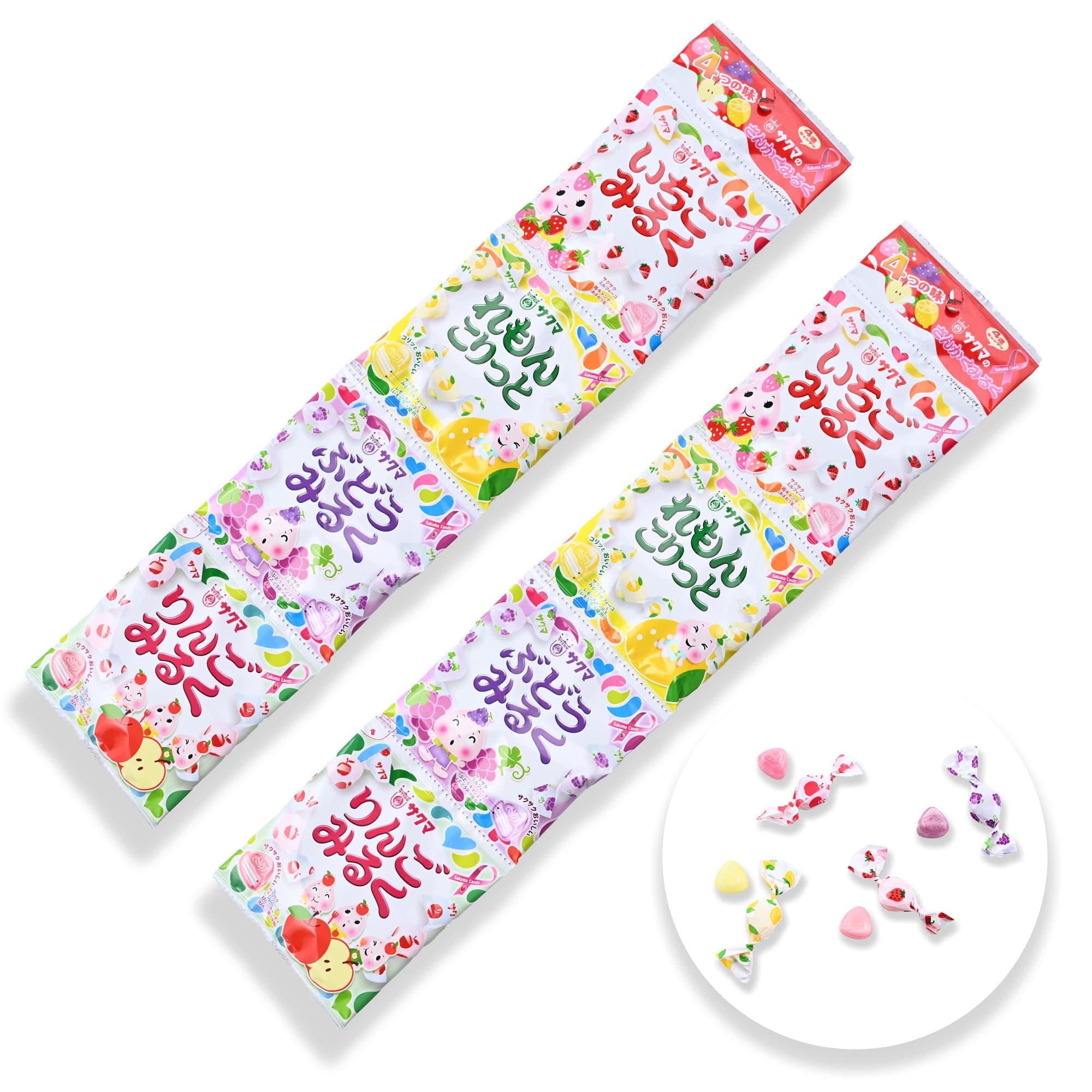 Saku-ma Mini Milk Candy 10.5g - 4 Pack x 2 Set - Hard Candy Bulk Individually Wrapped - Japanese Ideal Hard Candies for Holiday Treats - Creamy Fruit Snack Flavors Lemon, Grape, Apple, and Strawberry