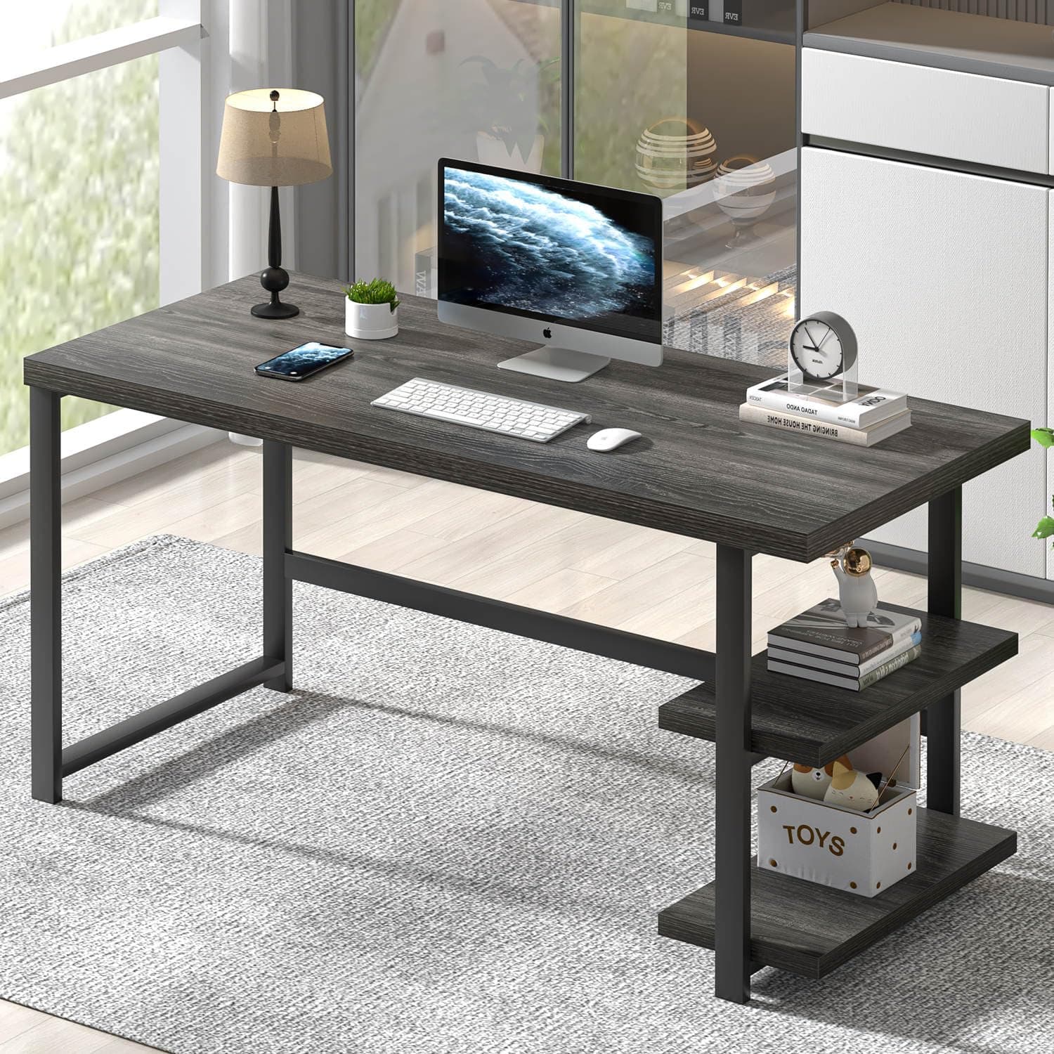 FOLUBAN Home Office Desk, Modern Computer Desk with Storage Shelf, Wood Study Writing Gaming Table for Bedroom Living Room, Industrial Dark Gray, 53 Inch