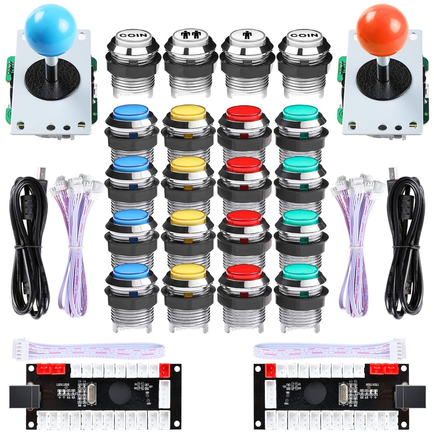 Hikig LED Arcade DIY Parts Kit, 2x Zero Delay USB Encoder + 2x 8 Ways Joystick + 16x Chrome Plating LED Buttons and 1P/2P Coin Buttons for PC Games MAME JAMMA and Raspberry Pi