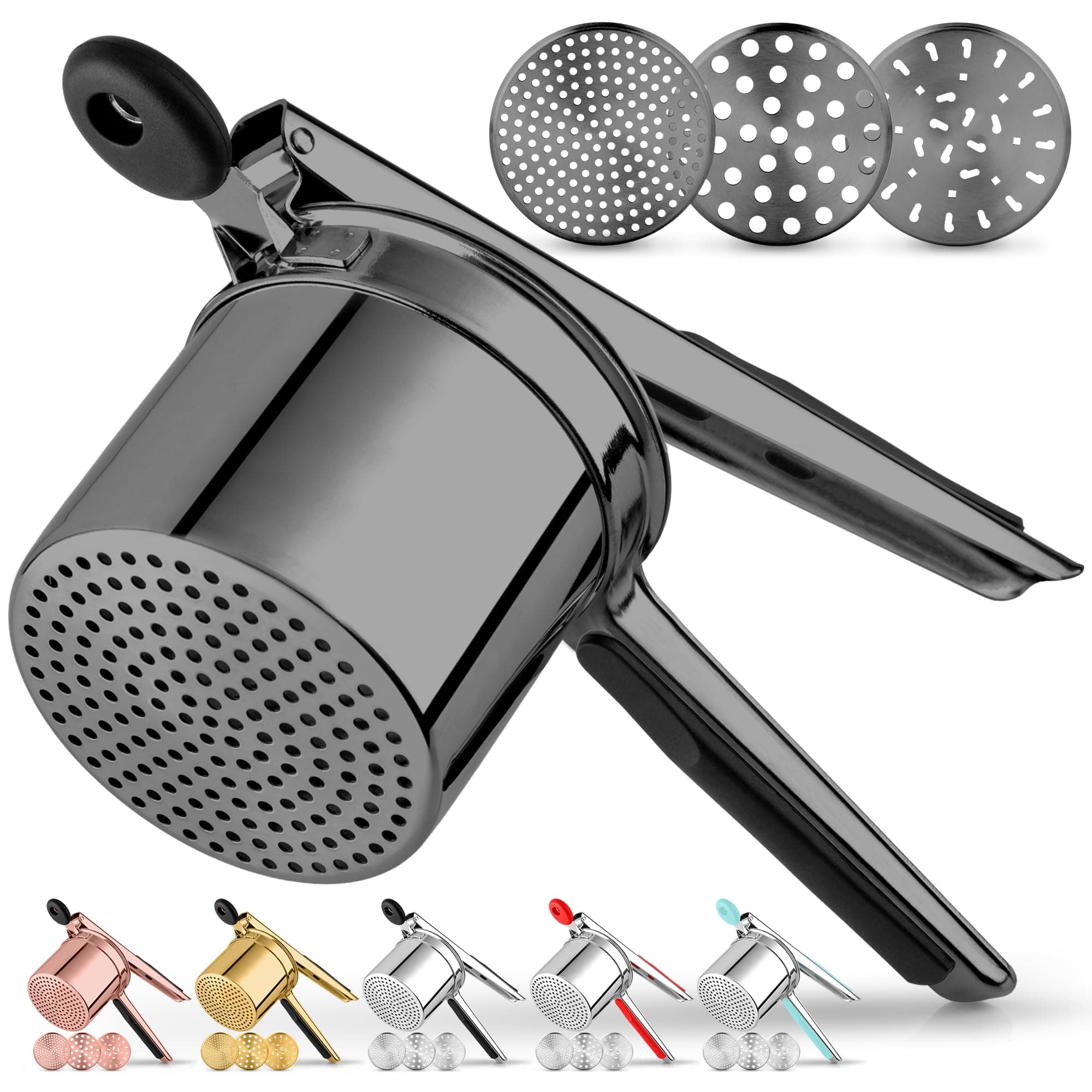 Zulay Kitchen Large 15oz Potato Ricer with 3 Interchangeable Discs - Heavy Duty Stainless Steel Potato Masher - Ricer Tool with Non-Slip Handle - Spaetzle Maker Press (Black Metal)