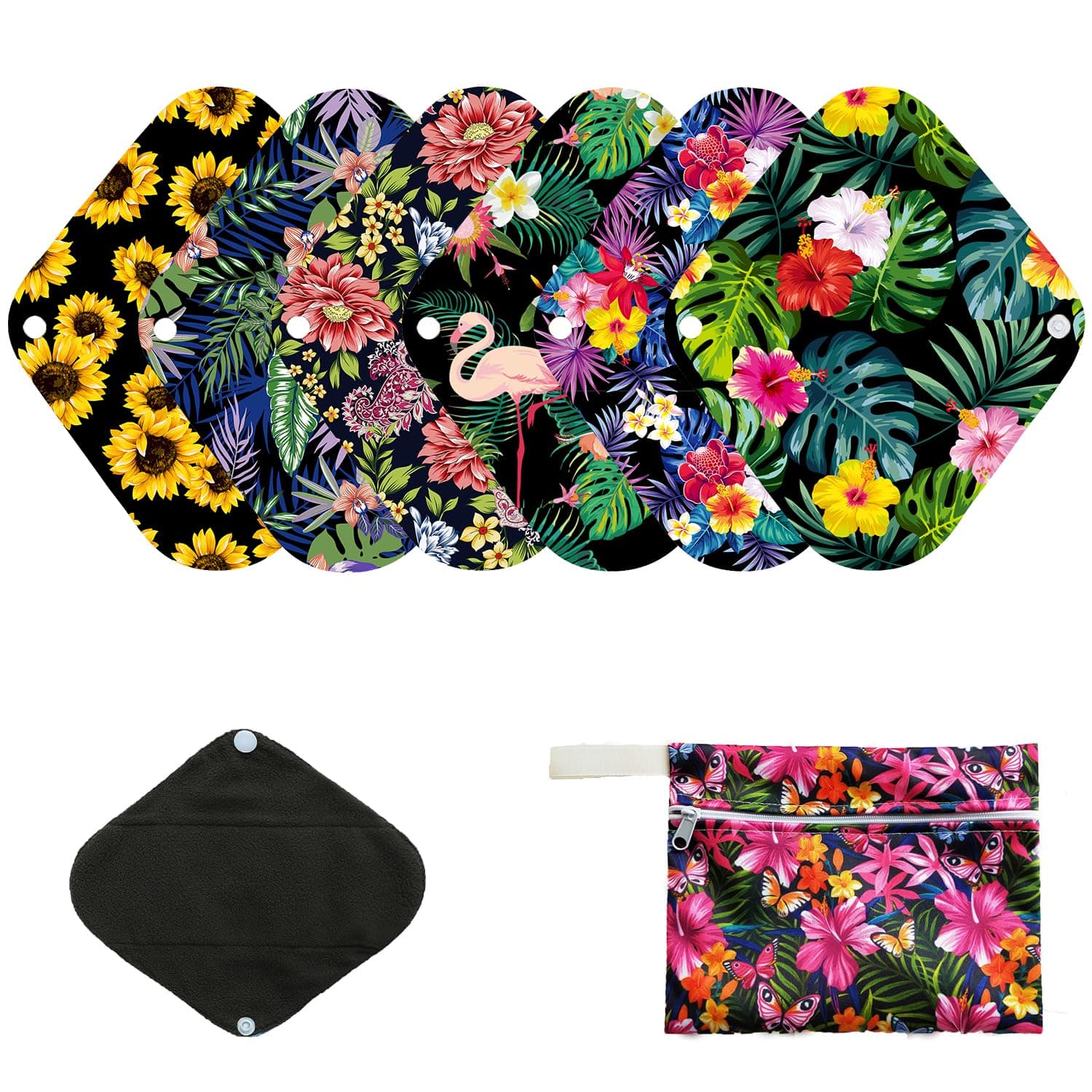 7pcs Pack Cloth Pads Including 1pc Mini Wet Bag +6pcs Bamboo Charcoal Cloth Reusable Menstrual Pads/Reusable Sanitary Pad/Mama Panty Liners (All Randomly Prints)