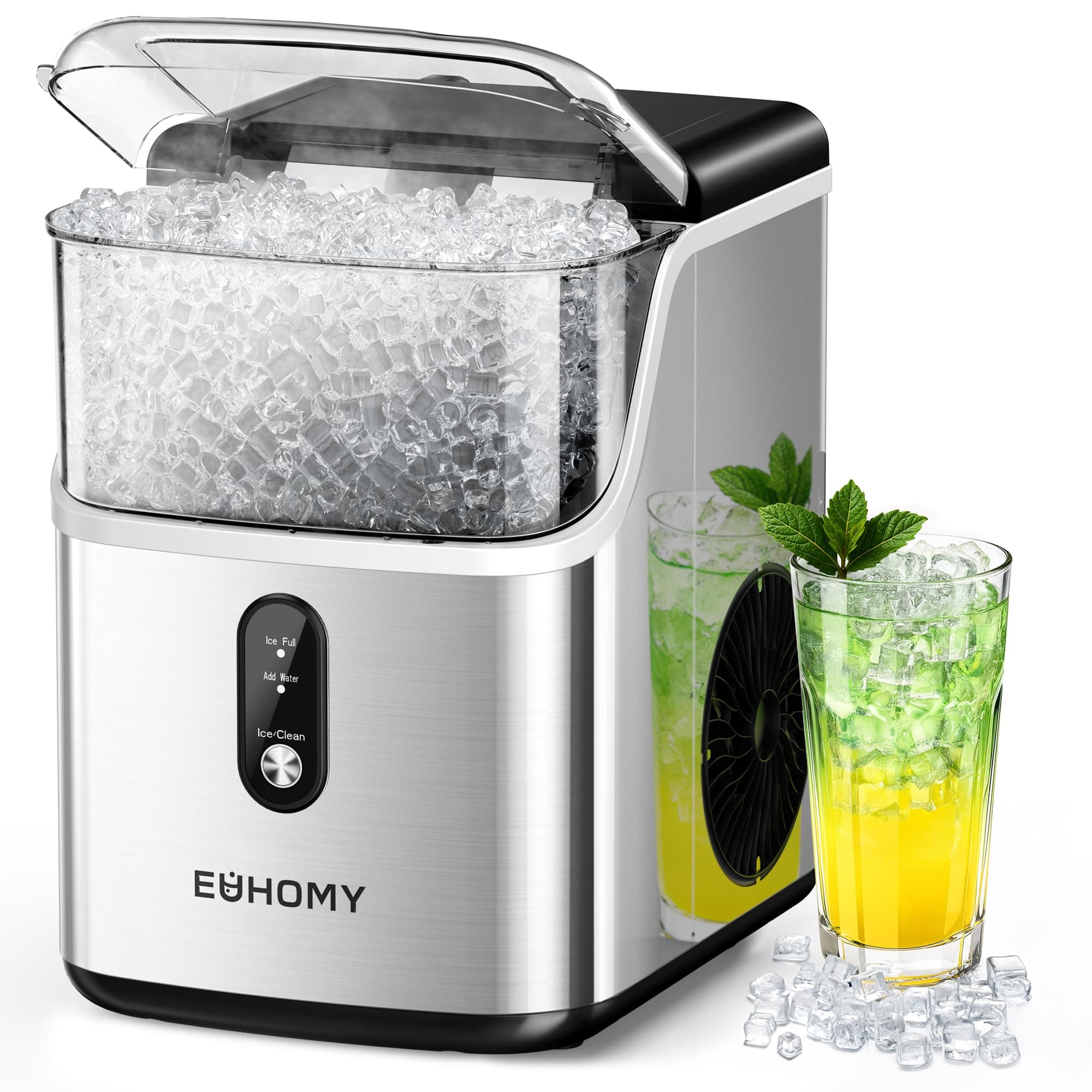 EUHOMY Nugget icecubes Maker Countertop, Pebble Ice Maker Machine with 35lbs/24H, Self-Cleaning Sonic icecubes -Maker with Scoop&Basket, Pellet icecubes Maker for Kitchen/Office(Stainless Steels)