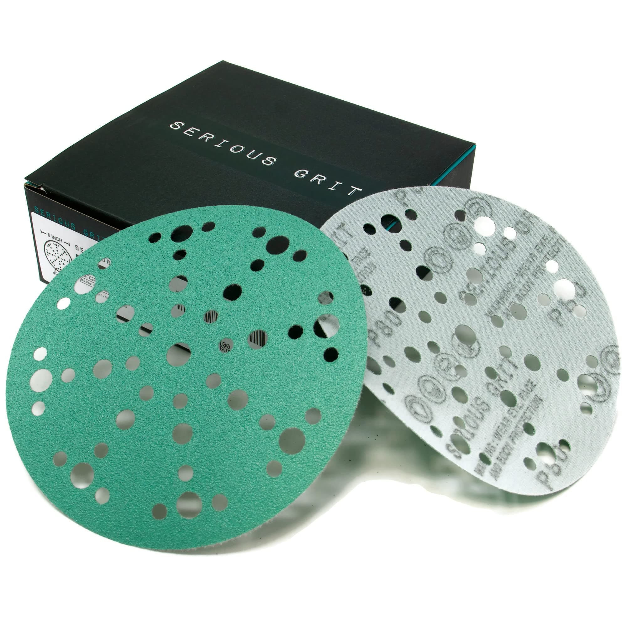 Serious Grit - 6-Inch 49-Hole 80 Grit Sanding Discs - Heavy-Duty Hook & Loop Film Discs - Sandpaper for Random Orbital Sanders - 50 Pack Box