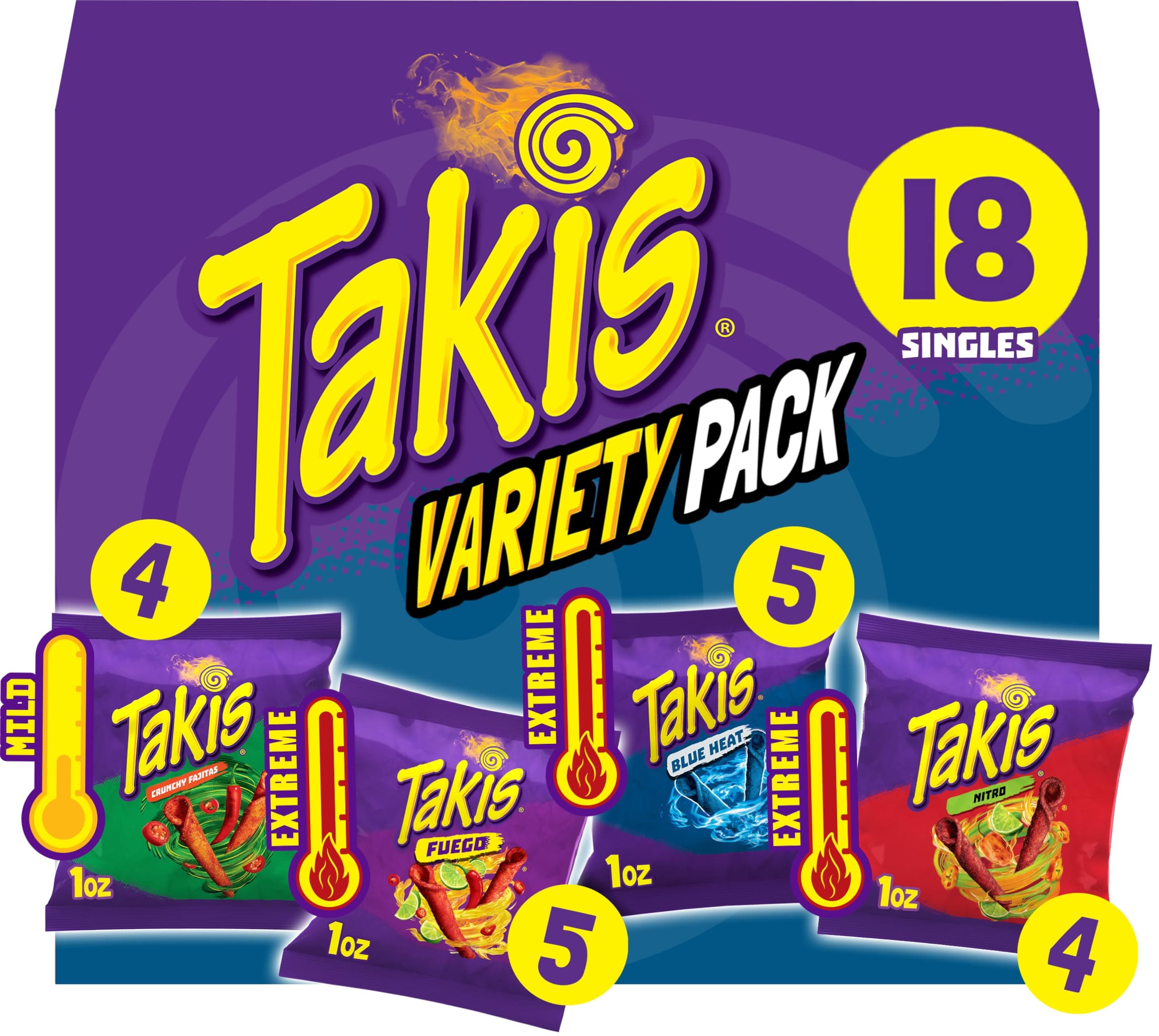 Takis 18 pc / 1 oz Variety Pack, Assorted Flavored Mixed Rolled Tortilla Chips – (5) Fuego 1 oz, (5) Blue Heat 1 oz, (4) Nitro 1 oz, (4) Crunchy Fajitas 1 oz