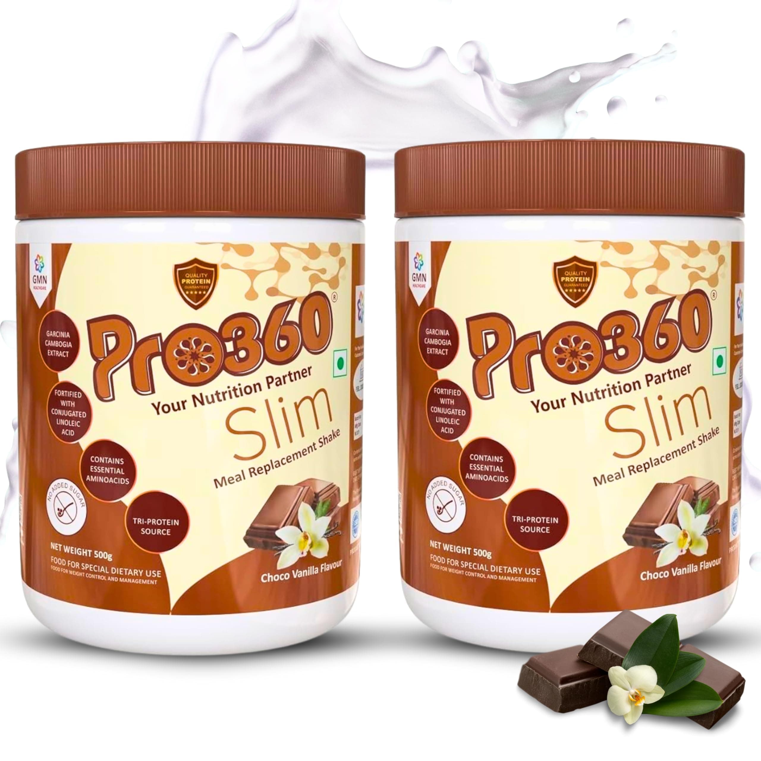Pro360 Slim Shake Meal Replacement Protein Powder for Weight Control & Management (ChocoVanilla Flavour) No Added Sugar, Dietary Supplement For Men & Women, (500 + 500) Gm - Pack of 2
