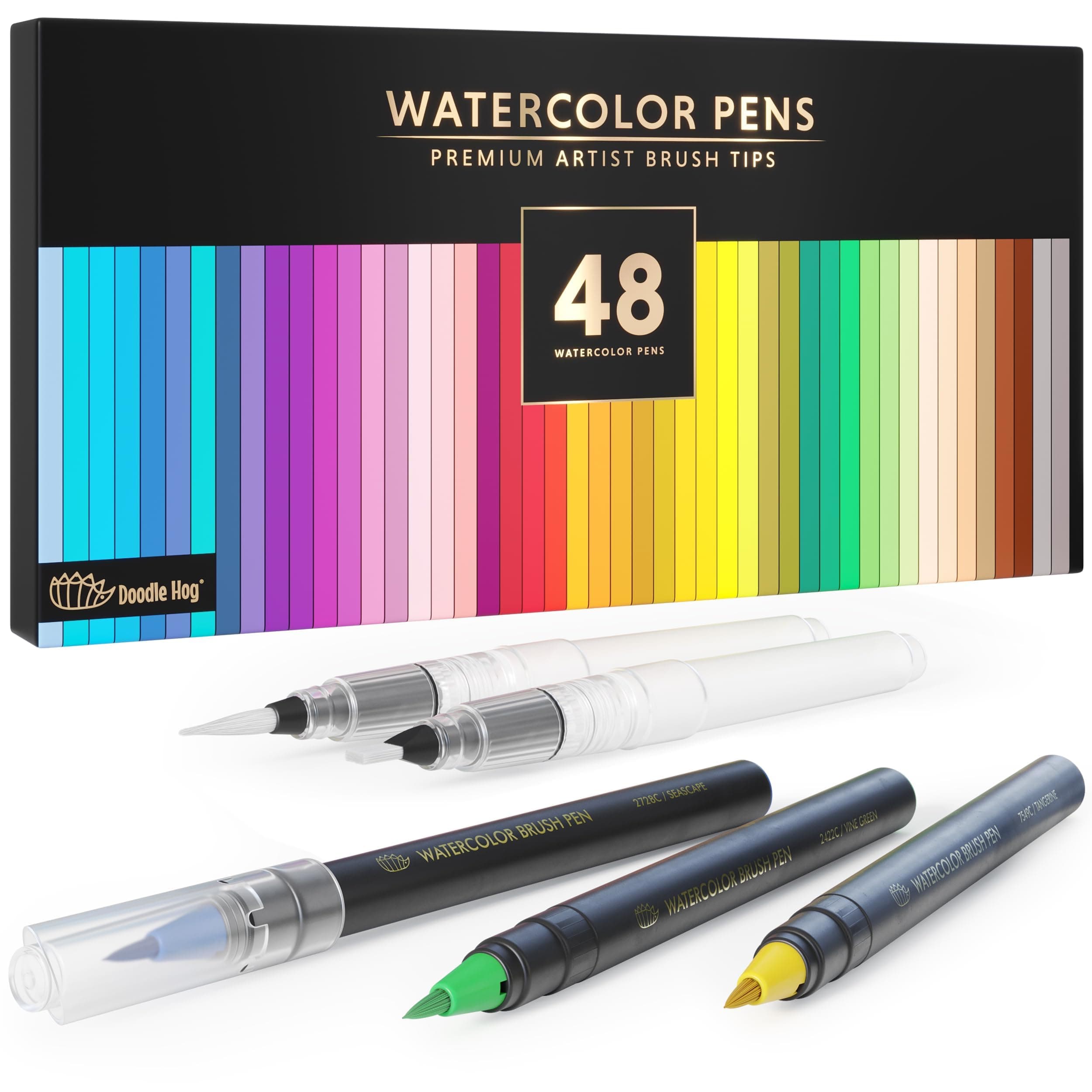 DOODLE HOG 48 Premium Watercolor Pens +2 Highly Blendable Markers, Real Brush Tip Watercolor Markers, Art Supplies for Adults, 48 Colors Gift Box