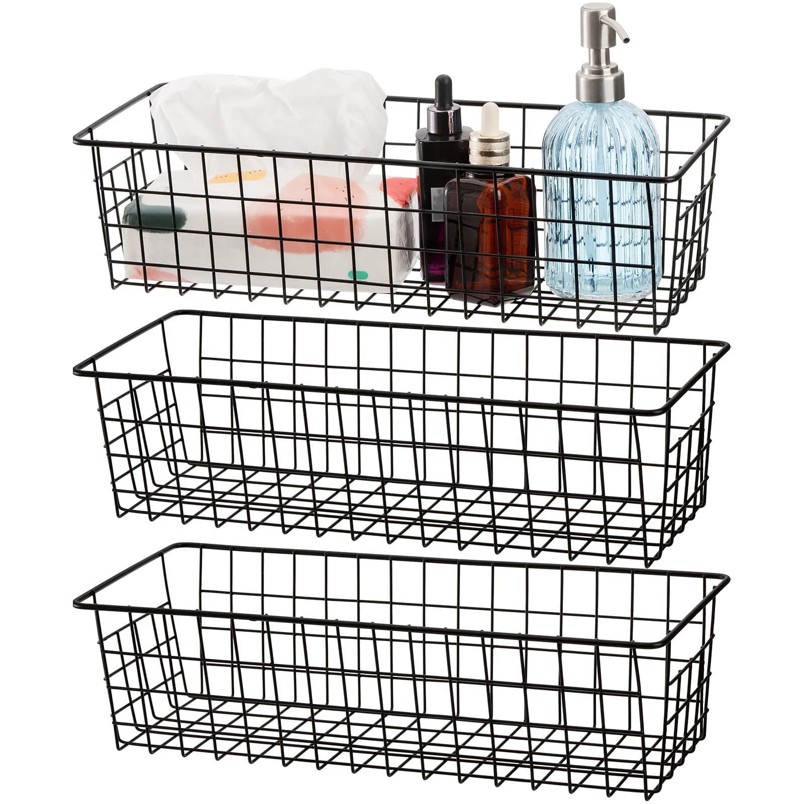 Hedume 3 Pack Metal Wire Storage Organizer Basket, 41 x 16 x 11 cm Bin Basket with Handles, Versatile Organizer for Kitchen, Pantry, Closet, Laundry Room, Cabinets, Bathroom - Black