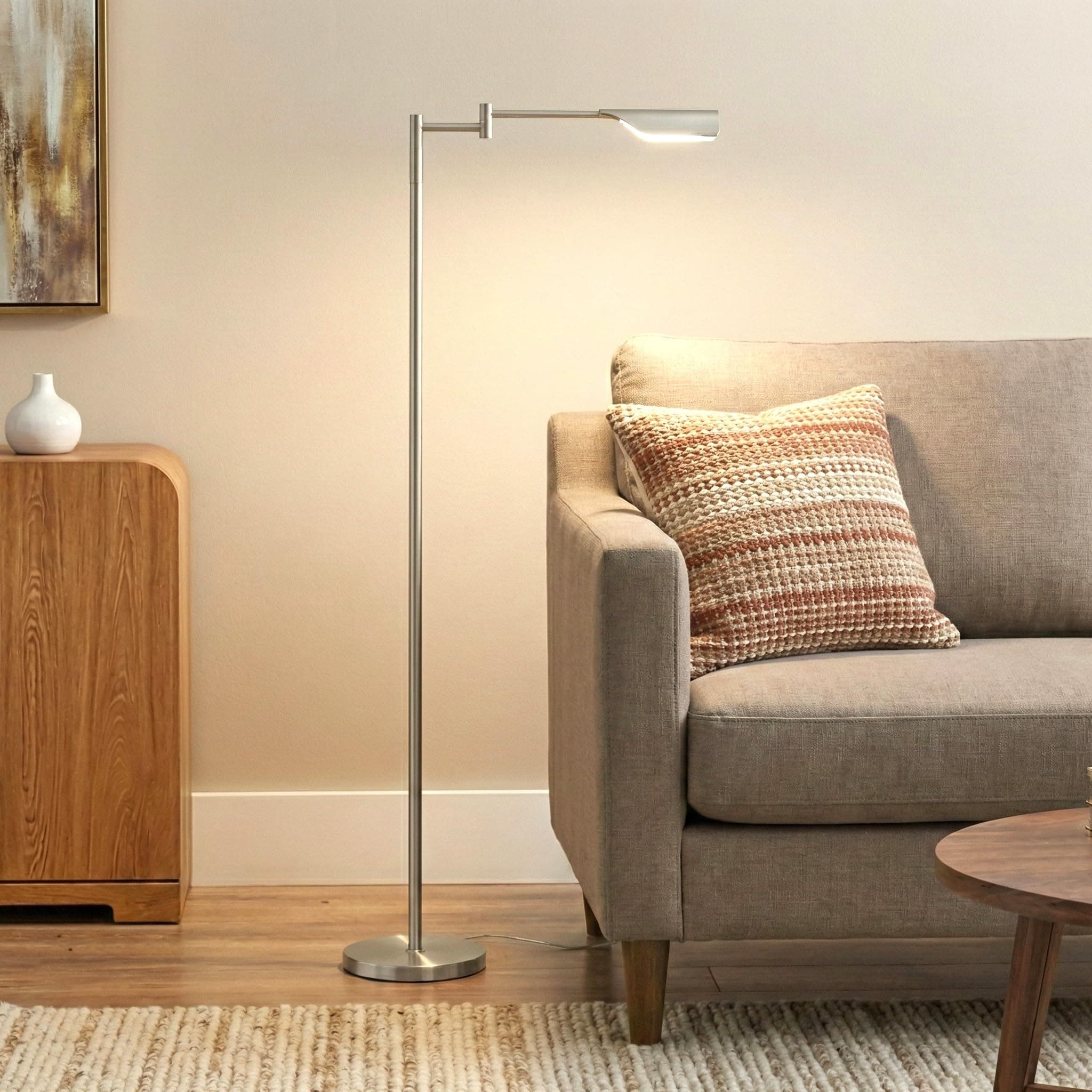 Brightech Leaf Pharmacy LED Reading Lamp, Dimmable Floor Lamp with Easy Rotation over Chair or Desk for Living Rooms & Offices, Adjustable Standing Lamp, Tall Lamp For Sewing & Craft - Platinum Silver