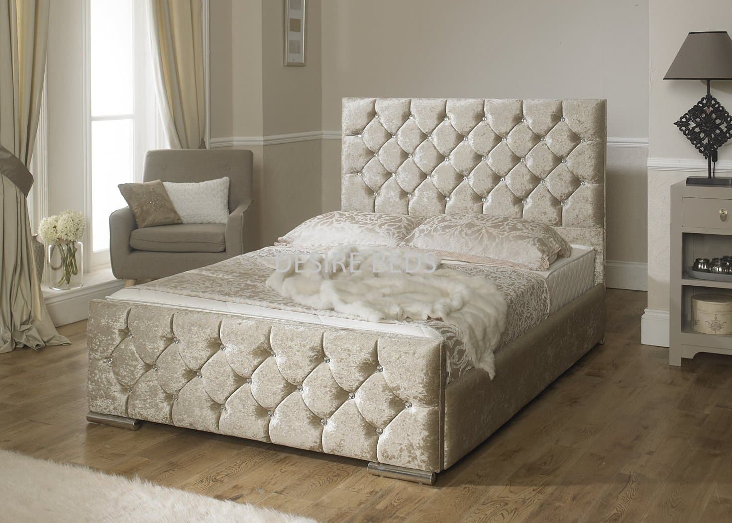 Crushed Velvet Upholstered Bed- 3ft, 4ft, 4ft6, 5ft - Available in 3 stylish colours (CREAM VELVET, 4FT6 DOUBLE)