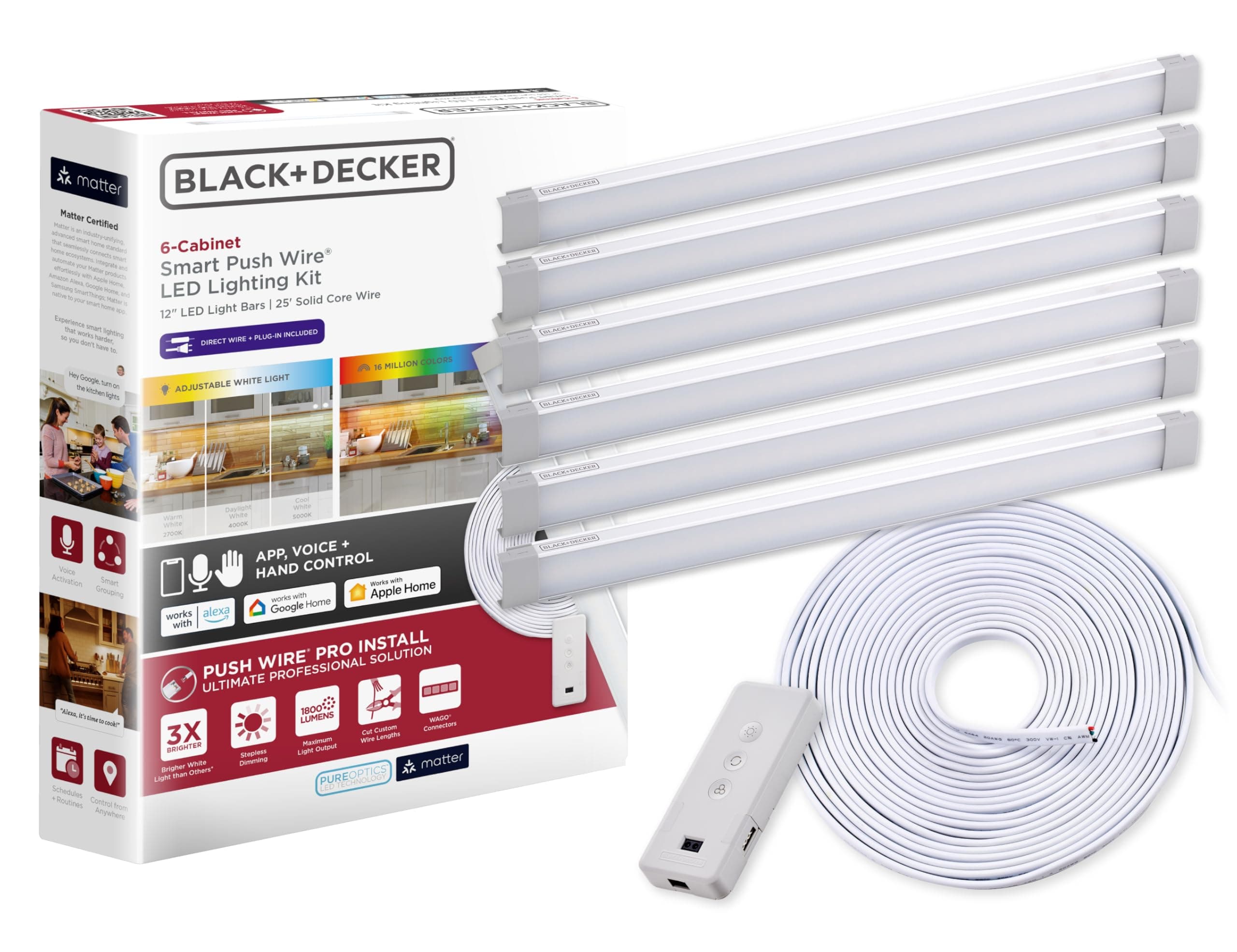 Black+Decker Professional Push Wire® Matter Certified Smart Under Cabinet Lighting Kit, Adjustable White and RGB LEDs, Works with Alexa, Apple Home, Google Home, (6) 12" Bars