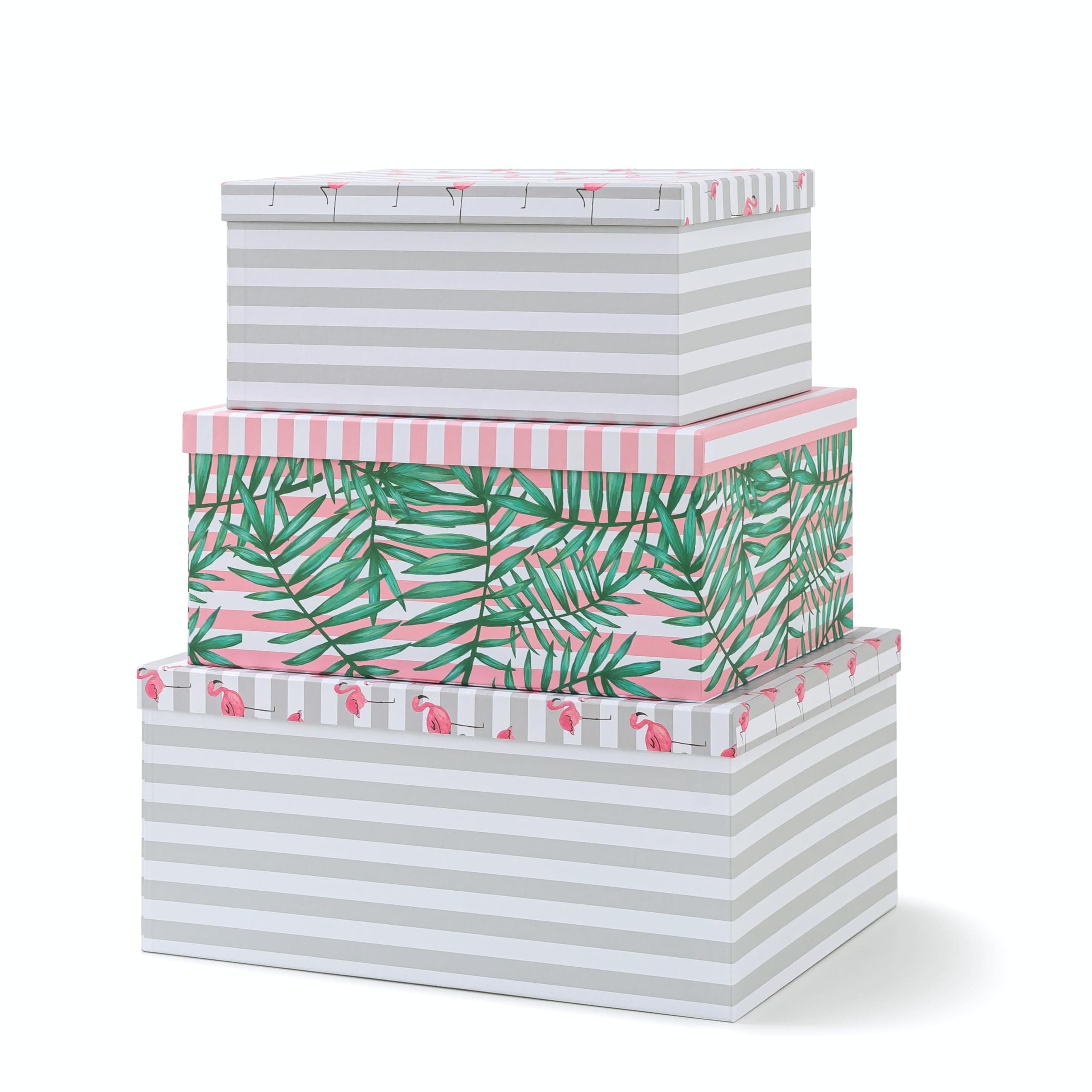 SLPR Decorative Cardboard Storage Boxes With Lids For Home Décor, Set of 3 Pink Flamingo Paperboard Nesting Gift Boxes, Palm Leaves Large Picture and Photo Storage for Keepsakes