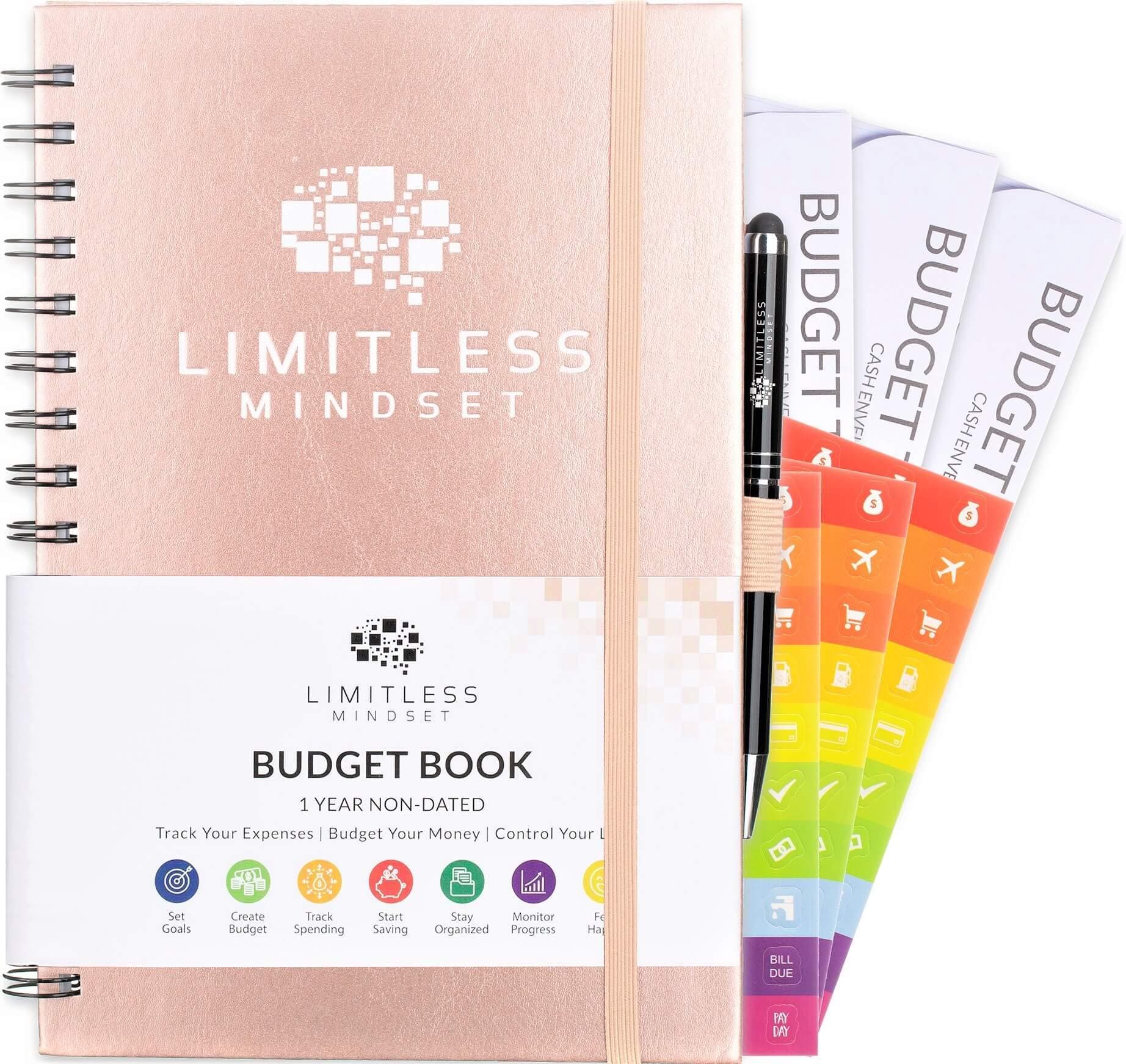 Budget Planner (12 Months Undated), Finance Journal, Expense Tracker, and Bill Organizer - Monthly Budget Book Bundled with 3 Cash Envelopes, Stickers, and a Pen (Rose Gold, 1 Year)