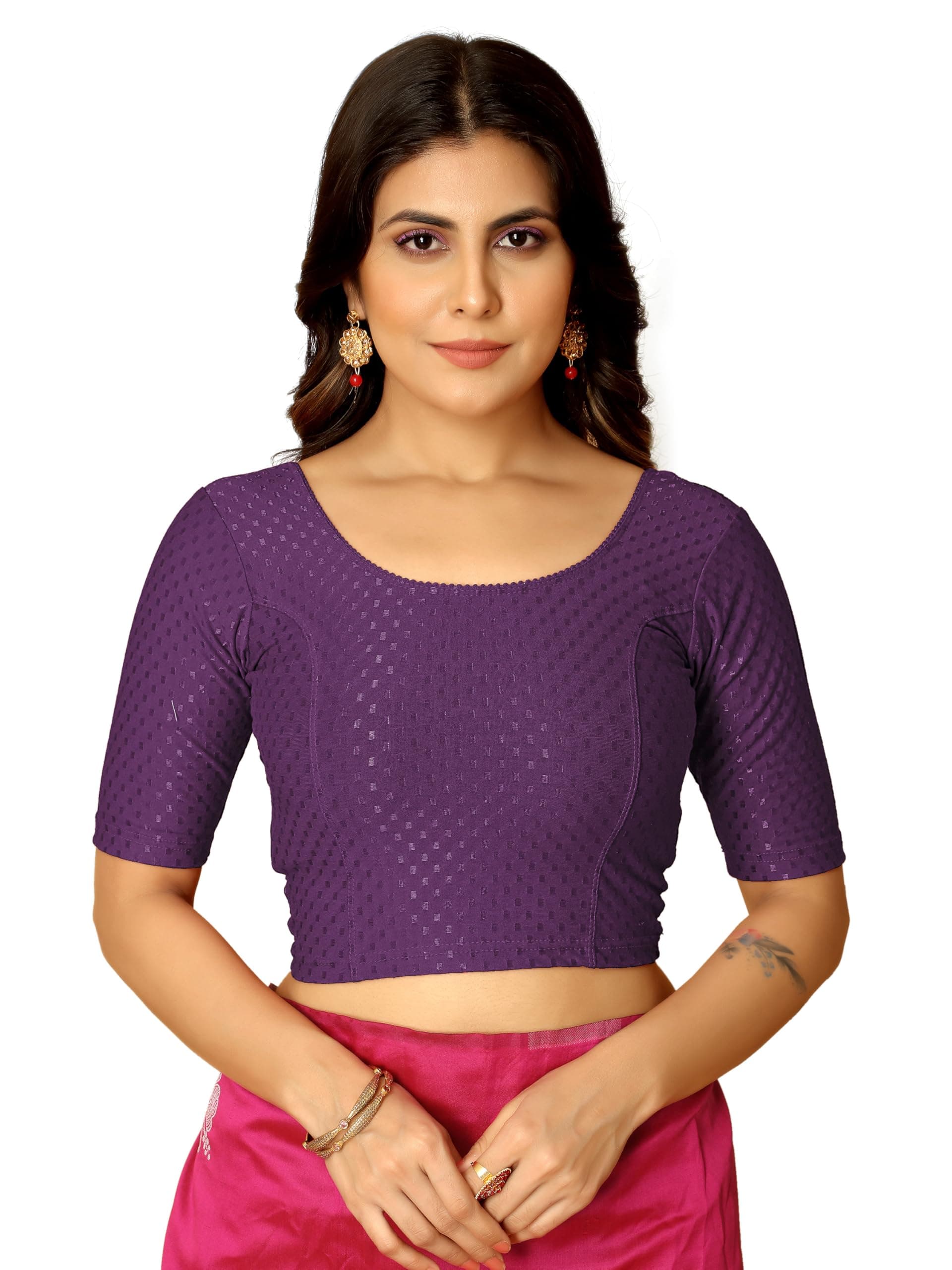 Amazon Brand - Anarva Round Neck Dobby Cotton Lycra Stretchable Elbow Half Sleeve Readymade Saree Blouse for Women Stylish