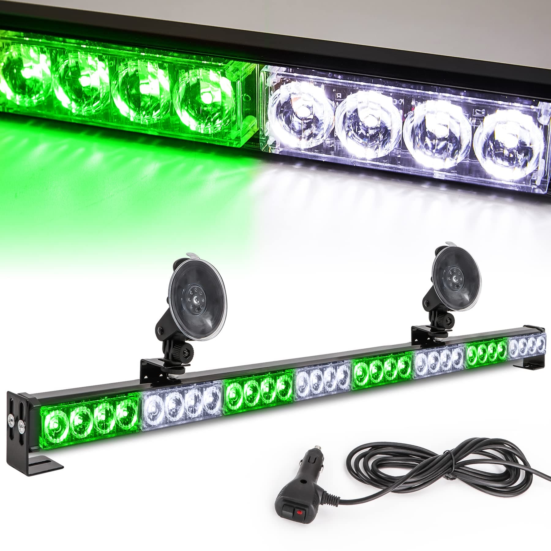 White/Green Emergency Strobe Light Bar 36 in 13 Flash Patterns Traffic Advisor Warning Hazard Windshield Safety Lights Bar with Cigar Lighter for Vehicles, Truck (35.5 Inch, White/Green 32 Led)