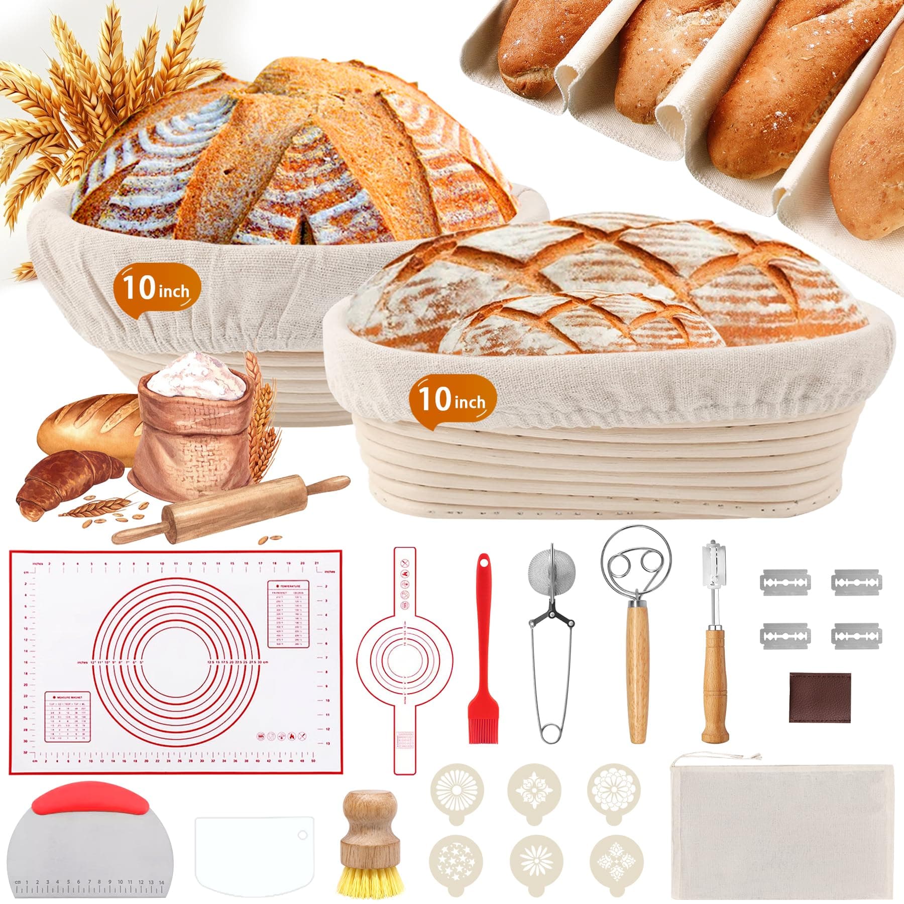 Sourdough Bread Baking Supplies, Sourdough Starter Kit for Bread Making Includes 10" Round & Oval Banneton Bread Proofing Basket with Liners Sourdough Kit for Making Baking Fermentation