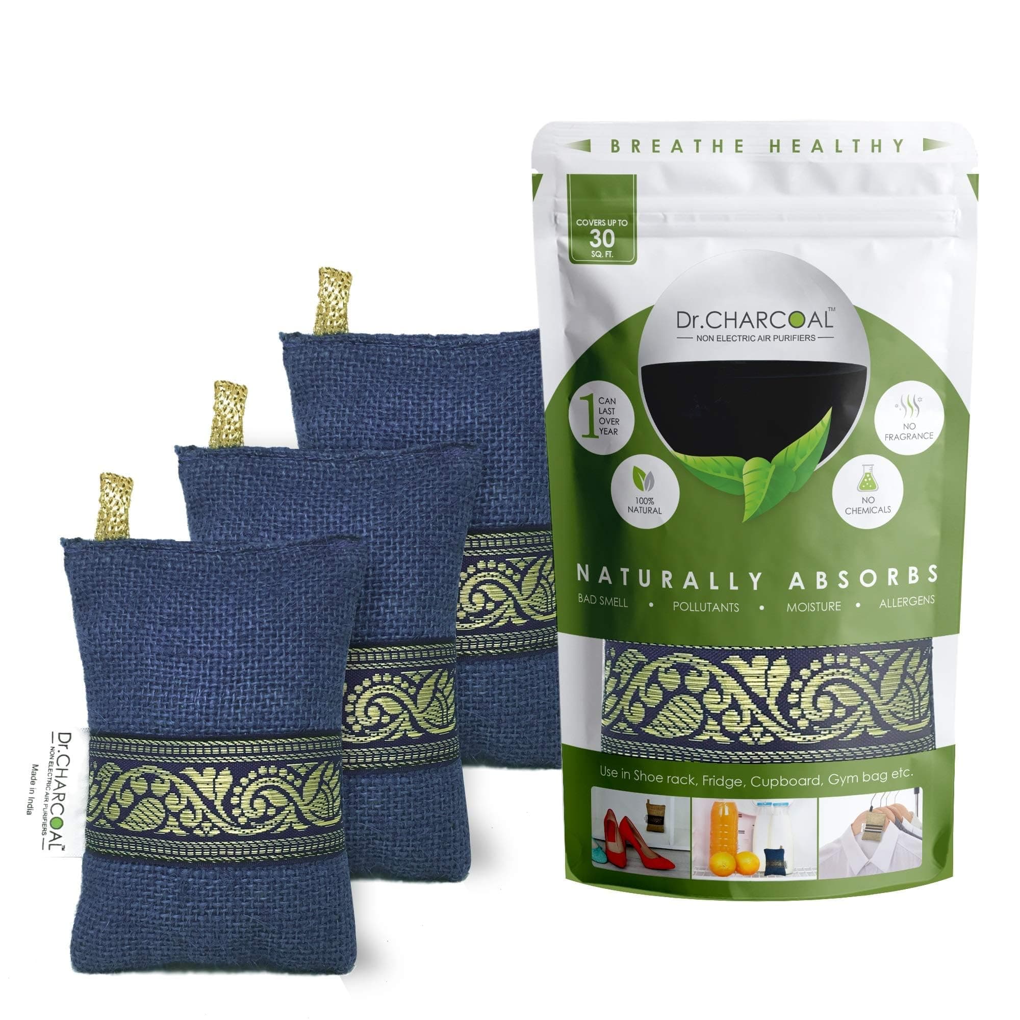 Dr CHARCOAL Fridge Deodorizer, Keeps Your Refrigerator and Freezer Fresh, Dry and Odor Free For 1 Year. 75gm, Long Lasting Charcoal Bag| More Powerful than Baking Soda to remove Bad Smell, Pack of 3