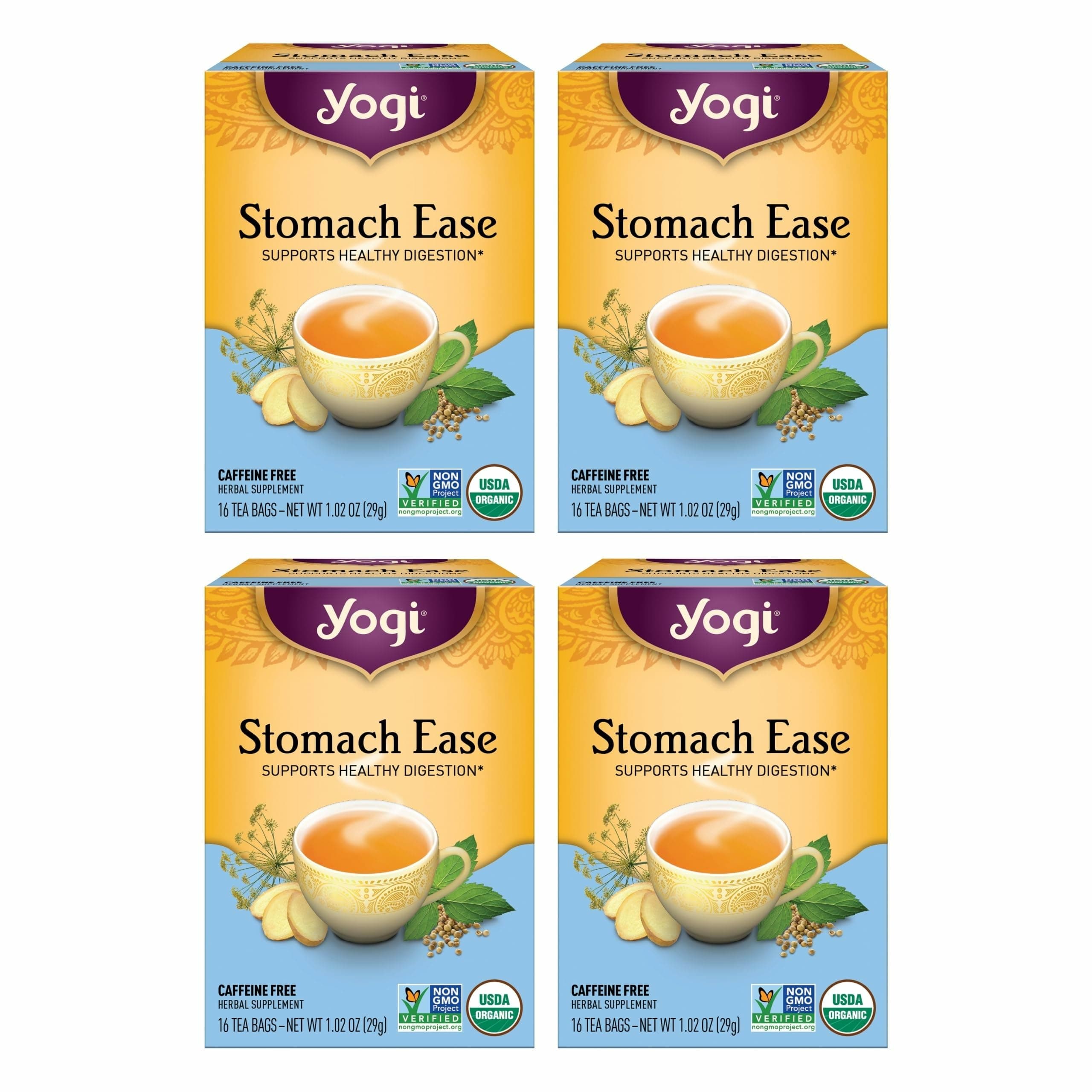 Yogi Tea Stomach Ease - 16 Bags per Pack (4 Packs) - Digestive Tea to Help Soothe & Calm the Stomach - Includes Licorice, Fennel, Ginger, Peppermint & More