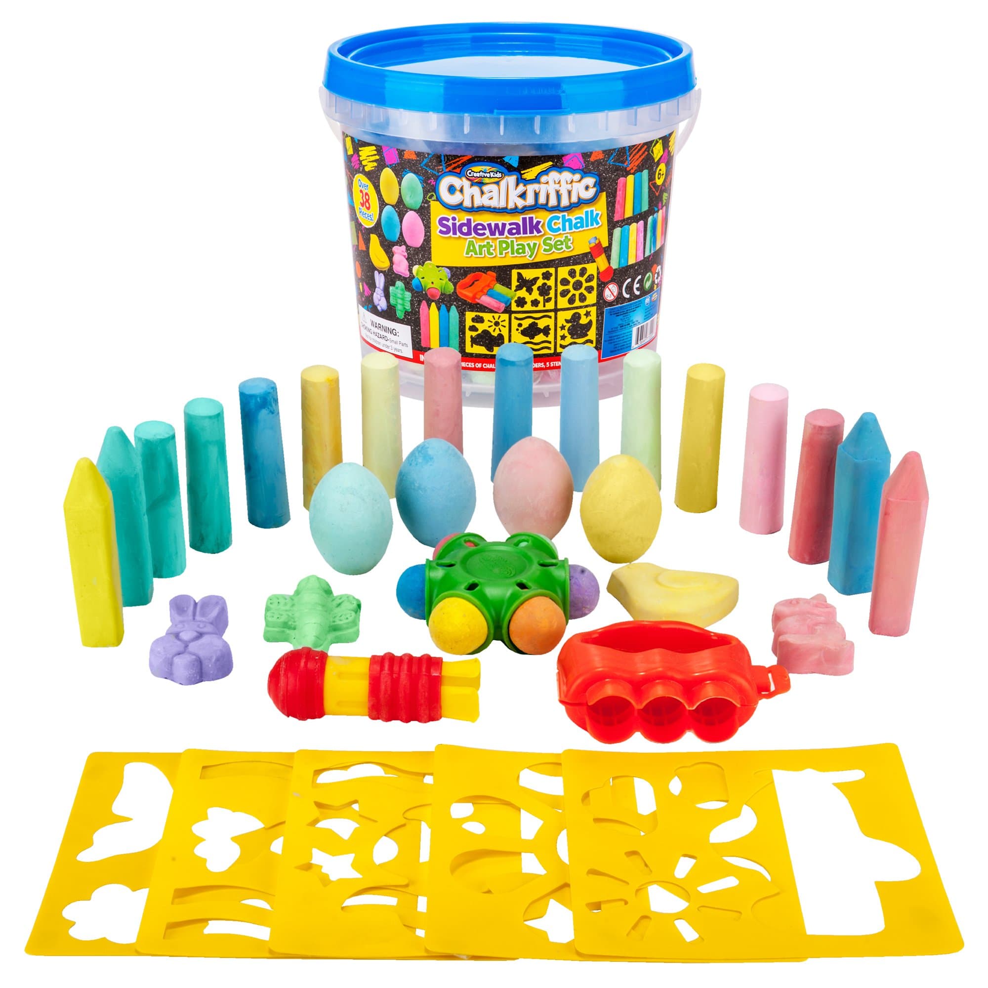 Creative Kids Premium Sidewalk Chalk Art Play Set - Bucket Bundle of Chalk & Educational Game Accessories for Boys & Girls - Includes 30Piece of Chalk, 1 Bucket, 3 Chalk Holders, 5 Stencils