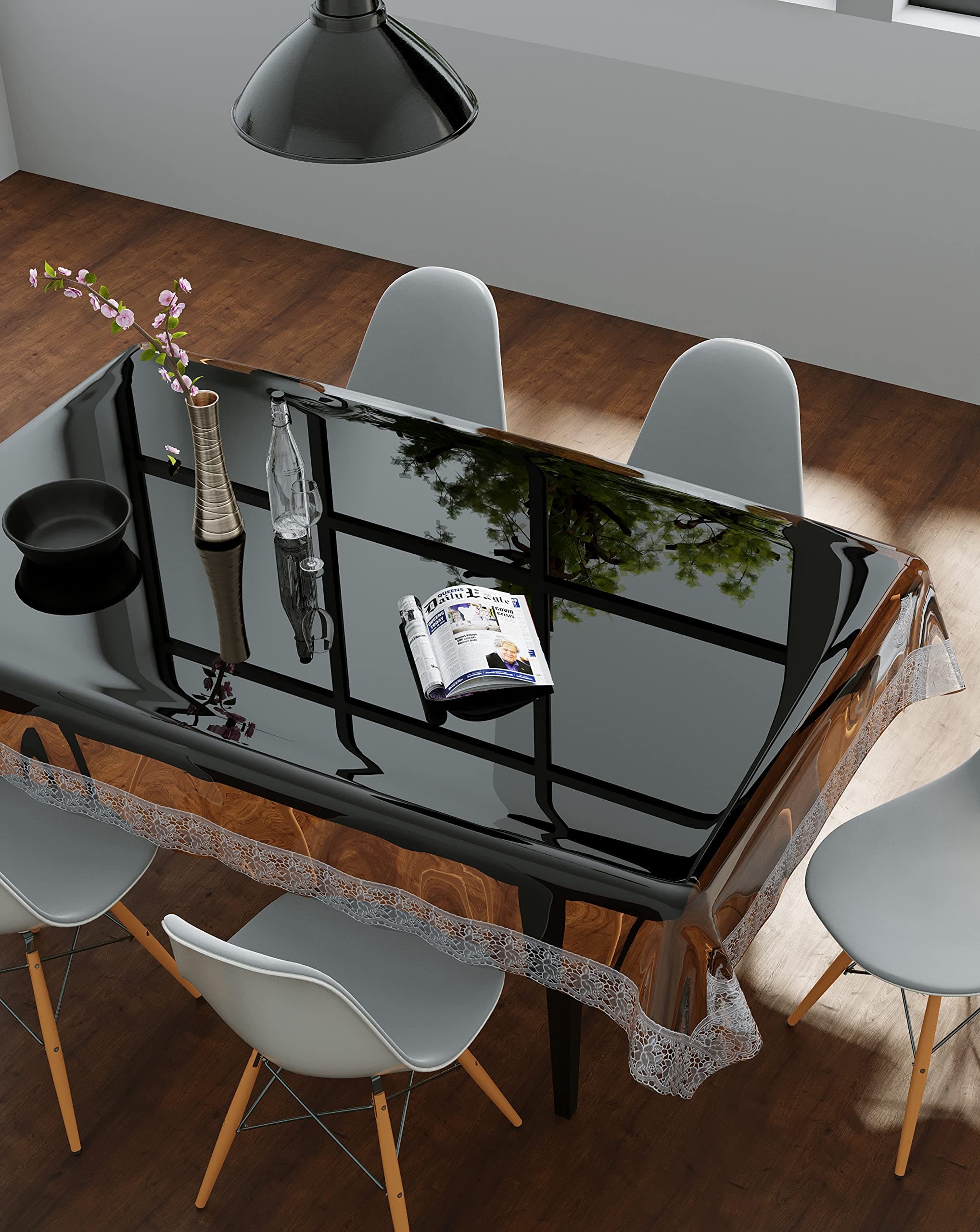 Clasiko Polyvinyl Chloride 10 Seater Rectangular Table Cover Transparent with Silver Lace; Size - 60X120 Inches; 30Mm