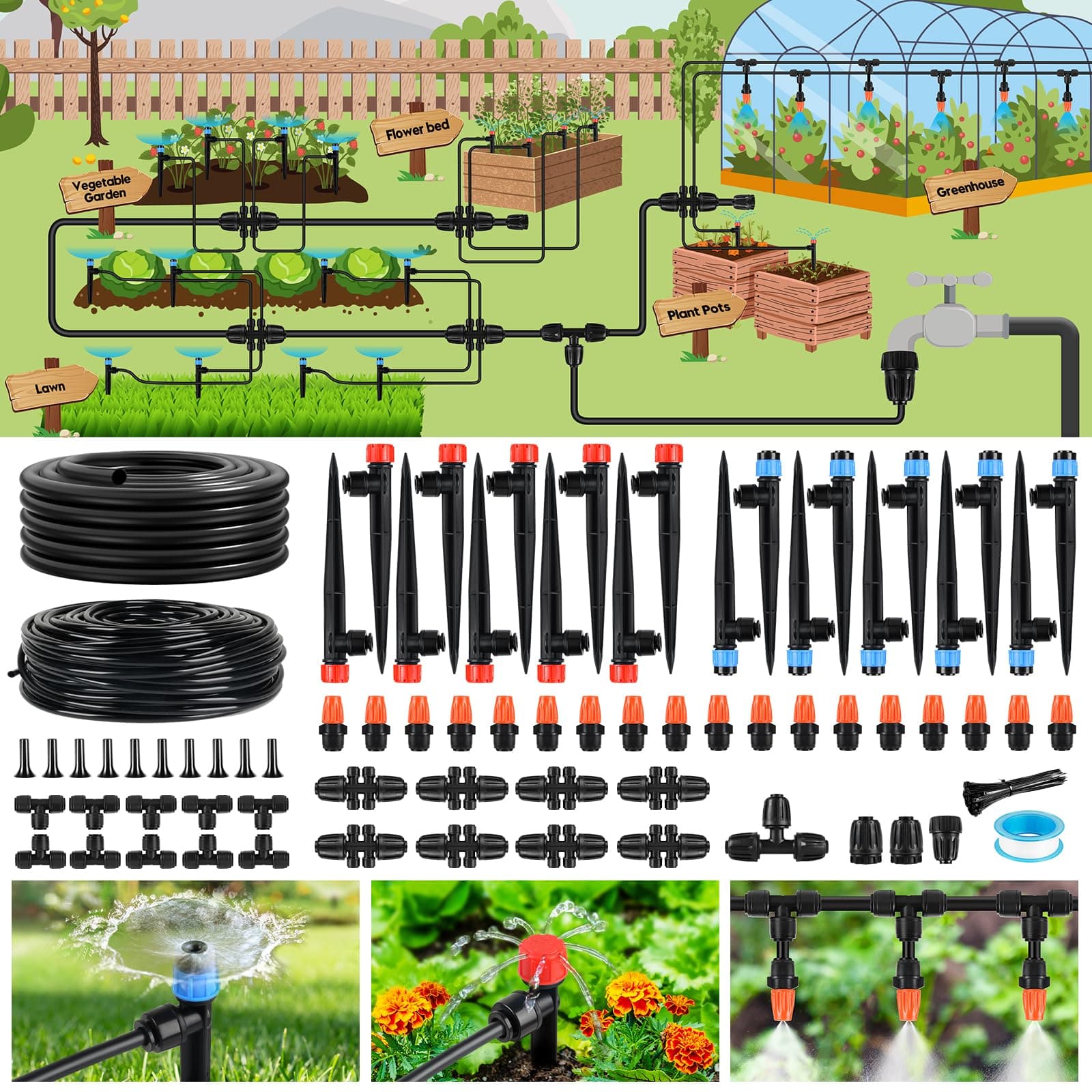 240FT Drip Irrigation System for Garden, 2026 Upgraded Quick-Connect Automatic Garden Watering System with 1/2" & 1/4" Tubing and Adjustable Nozzle Emitters for Greenhouse, Yard, Lawn, Raised Bed